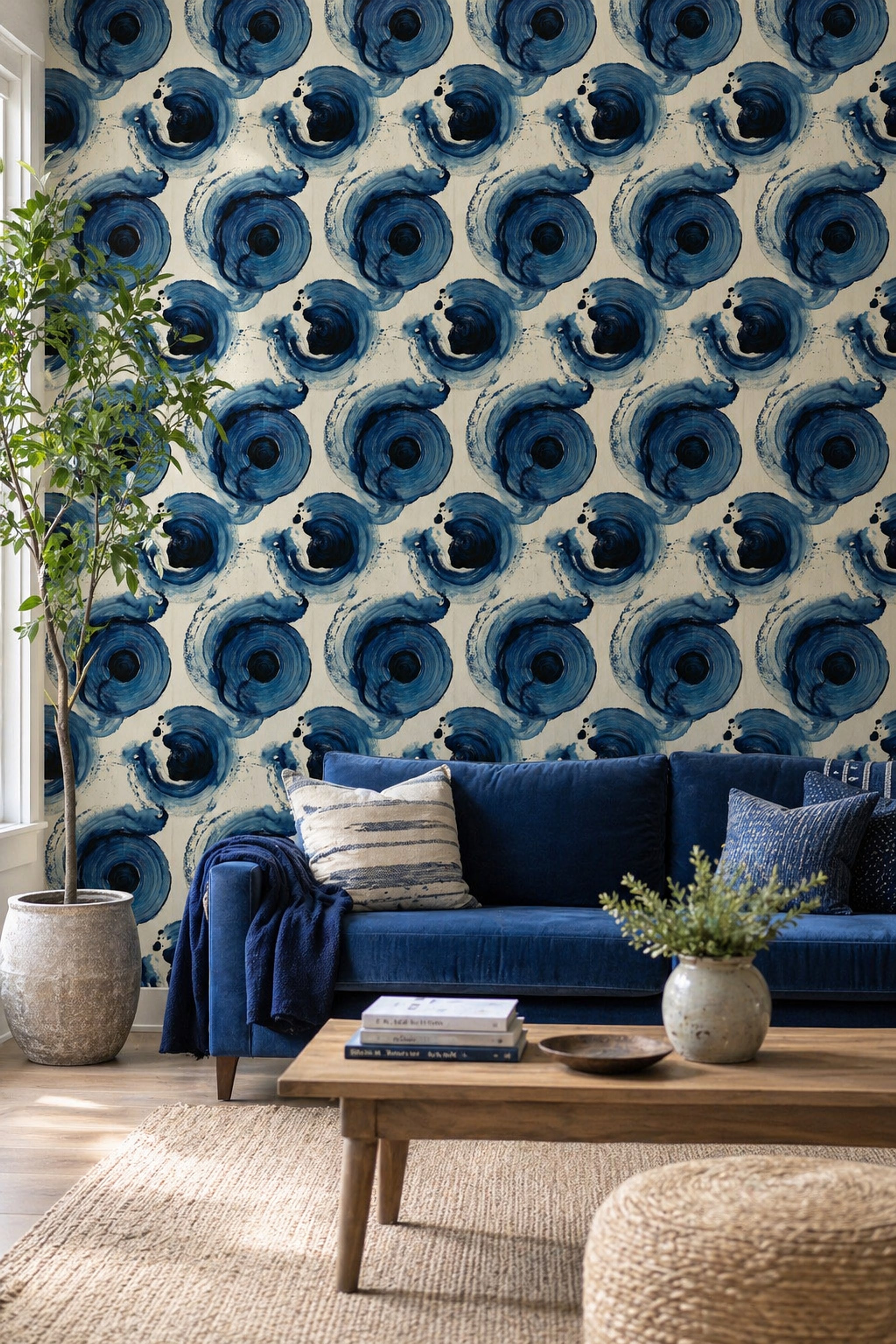 Soyut Mavi Daire Desenli Duvar Kağıdı Modern Salon