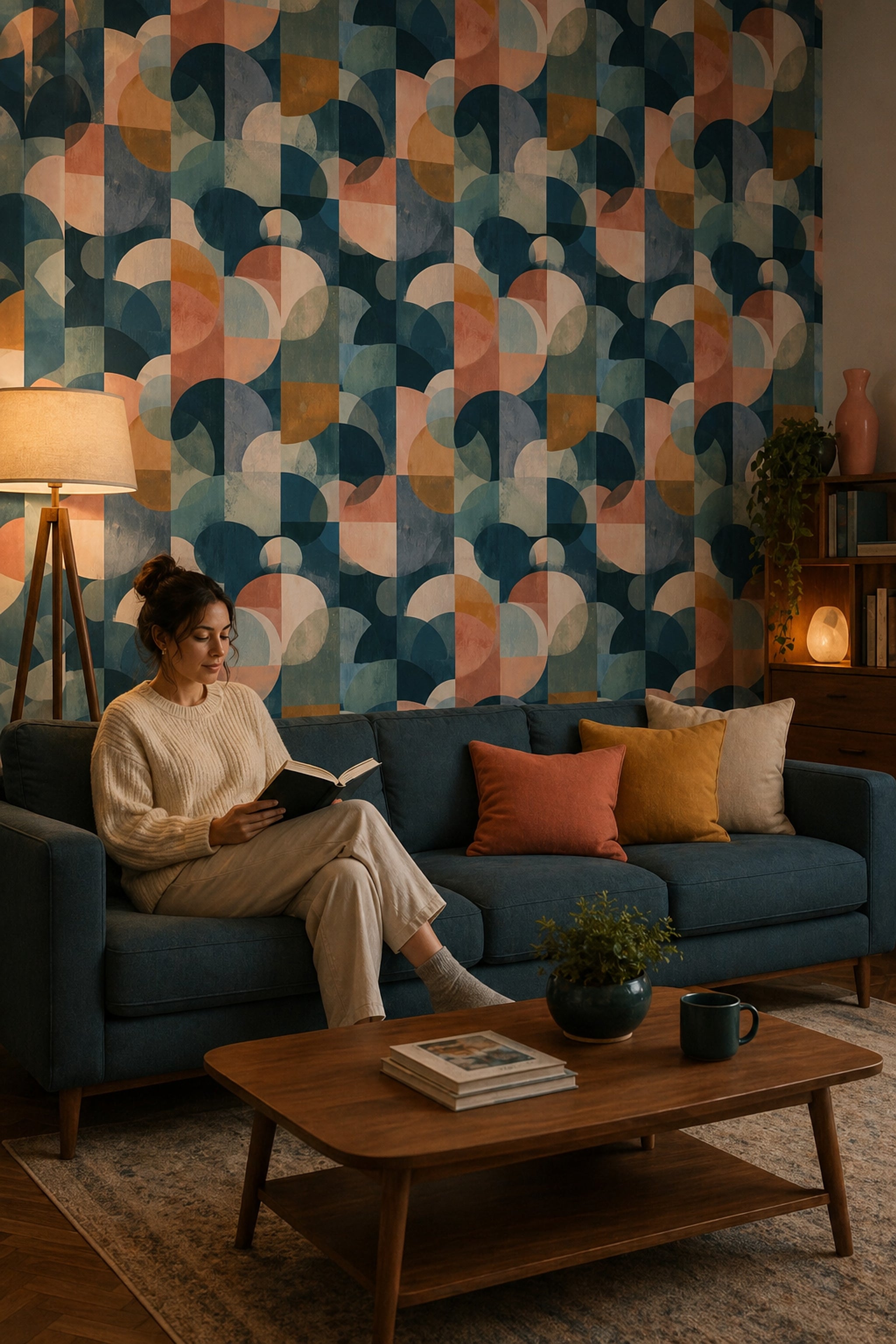 Geometrik Yarım Daire Desenli Duvar Kağıdı Turkuaz Salon