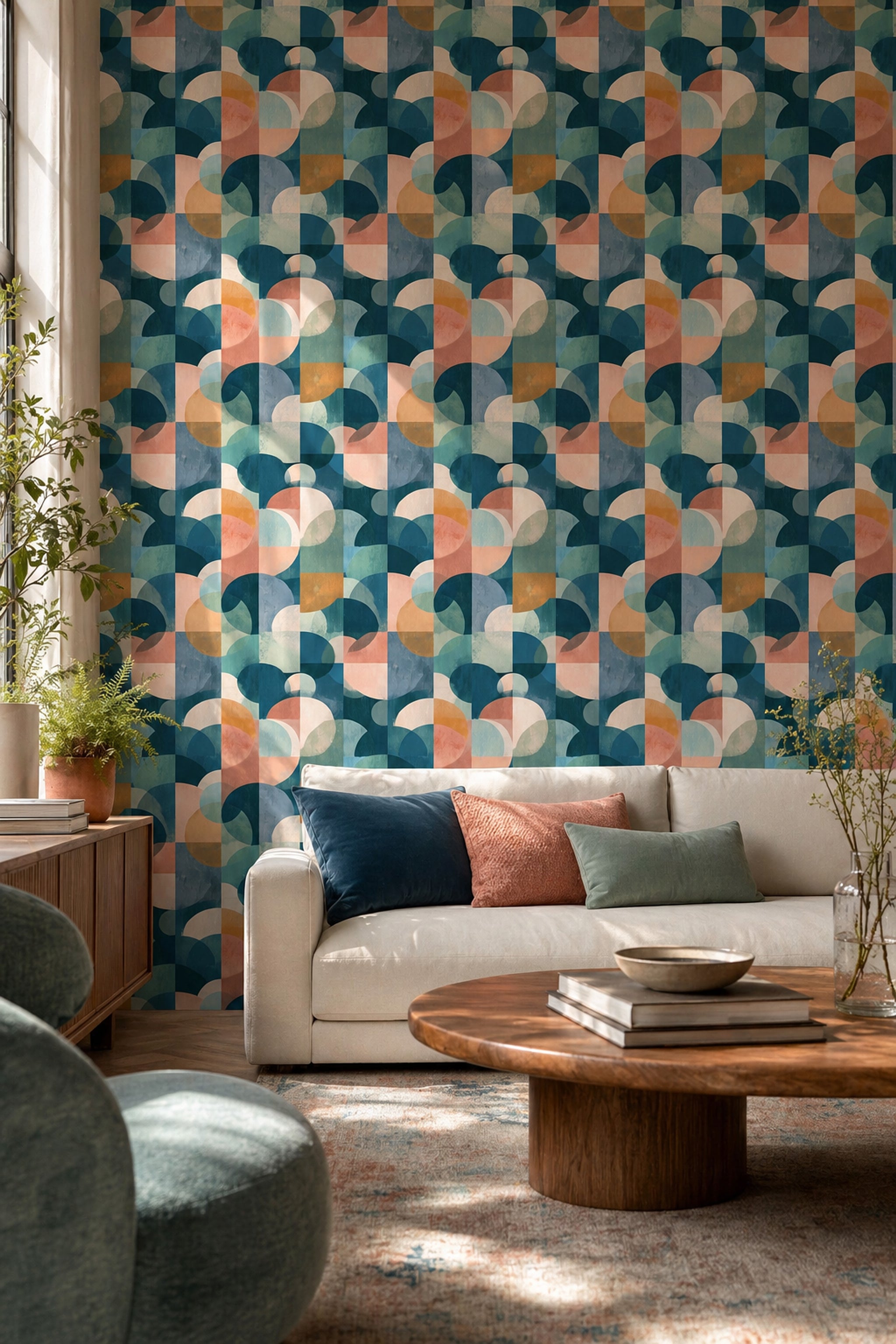 Geometrik Yarım Daire Desenli Duvar Kağıdı Turkuaz Salon