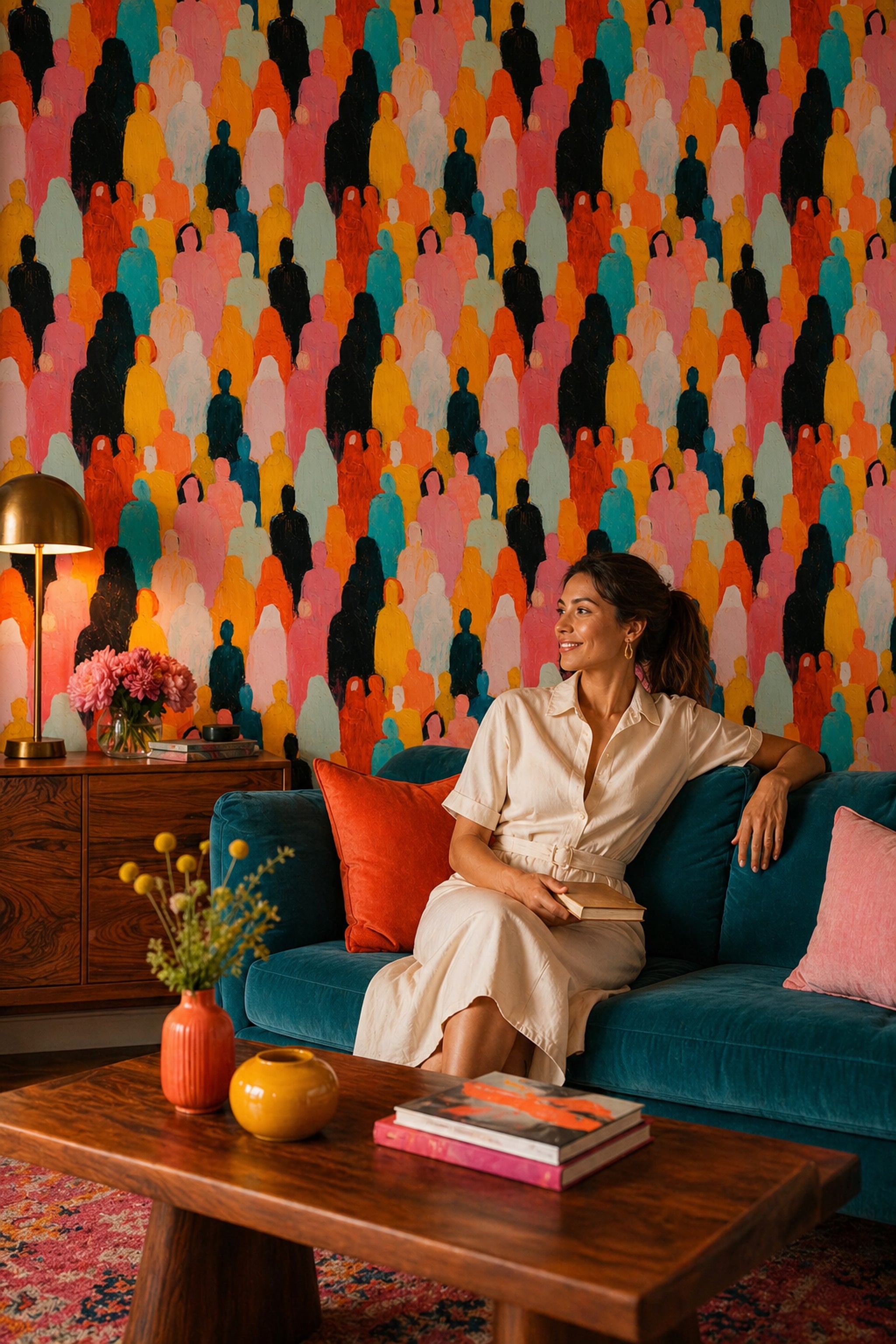 Renkli İnsan Silüetli Duvar Kağıdı Modern Salon Desenli