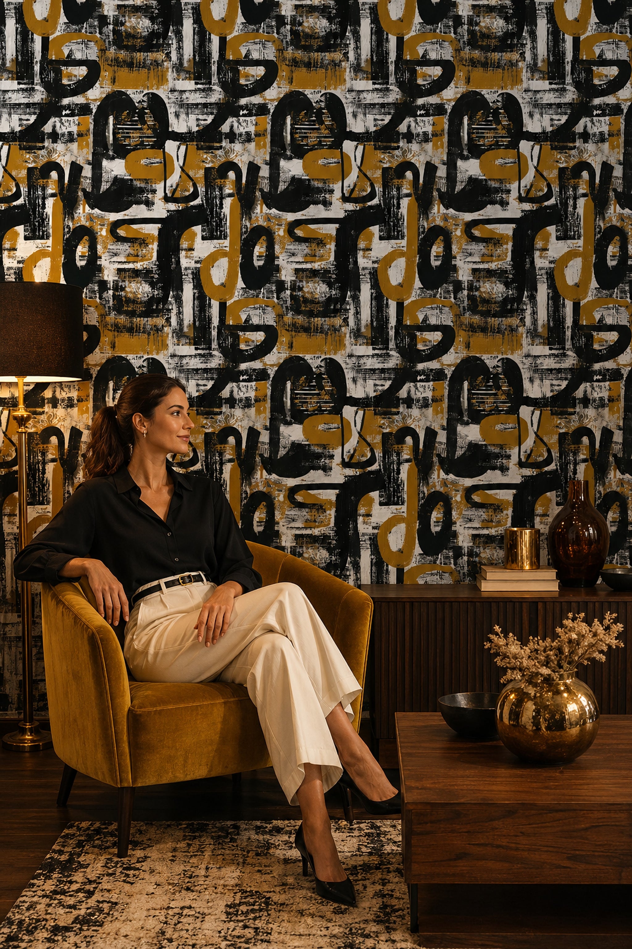 Soyut Harf Desenli Duvar Kağıdı Siyah Altın Salon