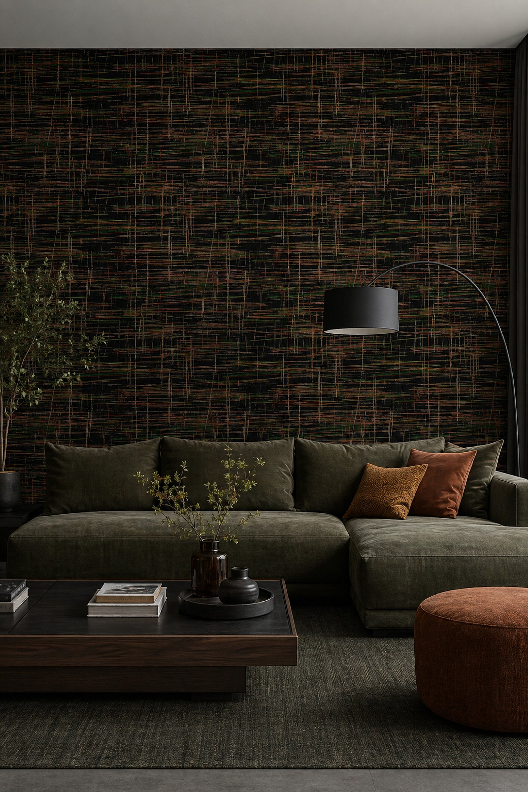 Soyut Çizgili Duvar Kağıdı Koyu Tonlu Modern Salon