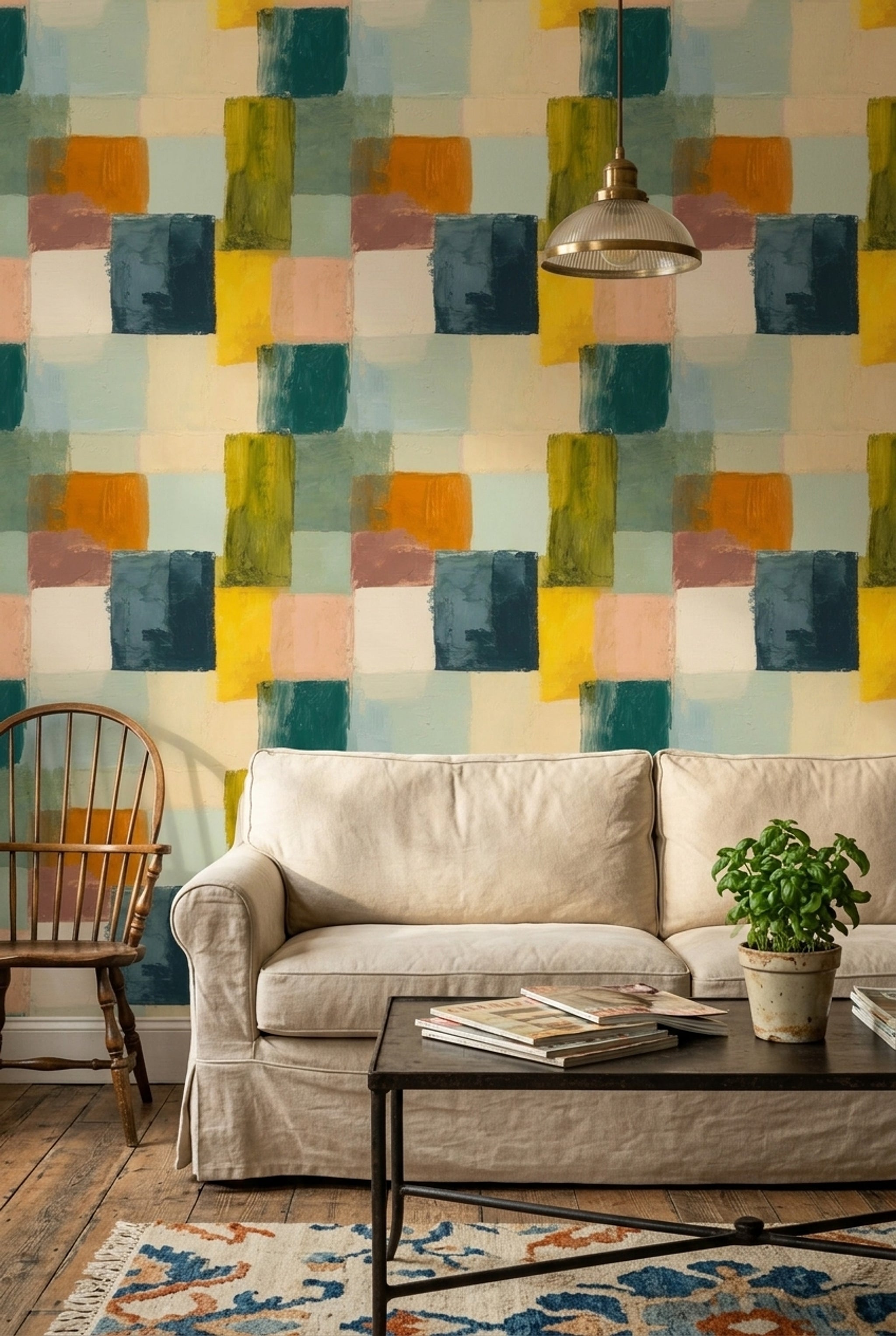Renkli Geometrik Duvar Kağıdı Modern Kare Desenli Salon