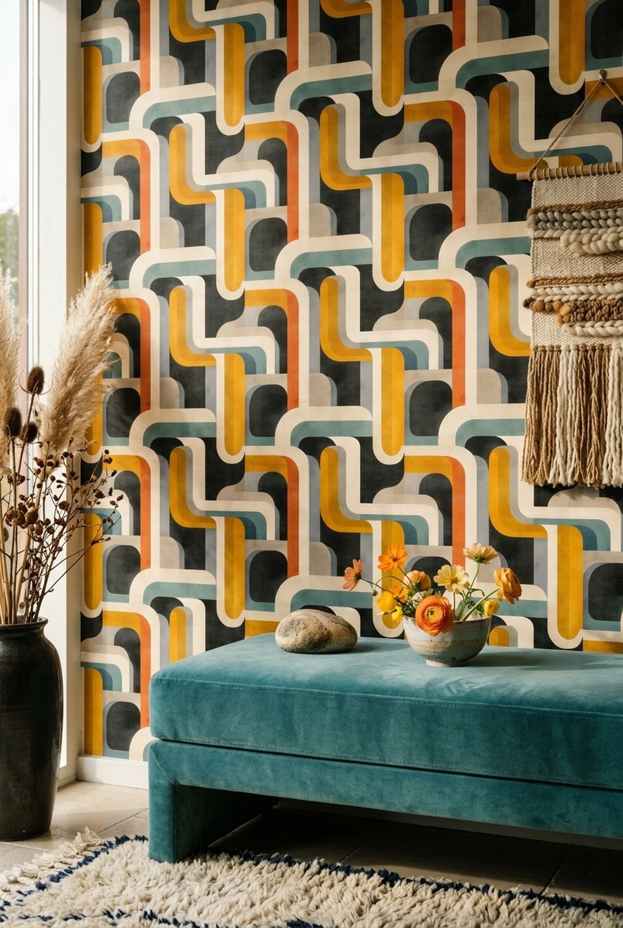 Retro Geometrik Duvar Kağıdı Sarı Lacivert Desenli Salon