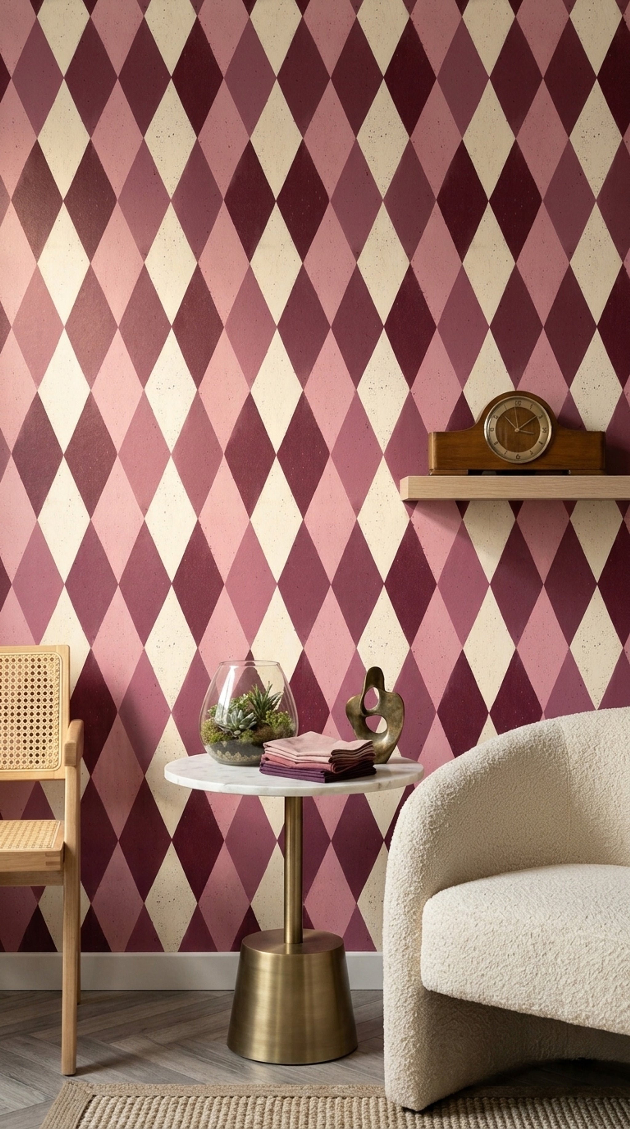 Baklava Desenli Duvar Kağıdı Bordo Pembe Geometrik Salon