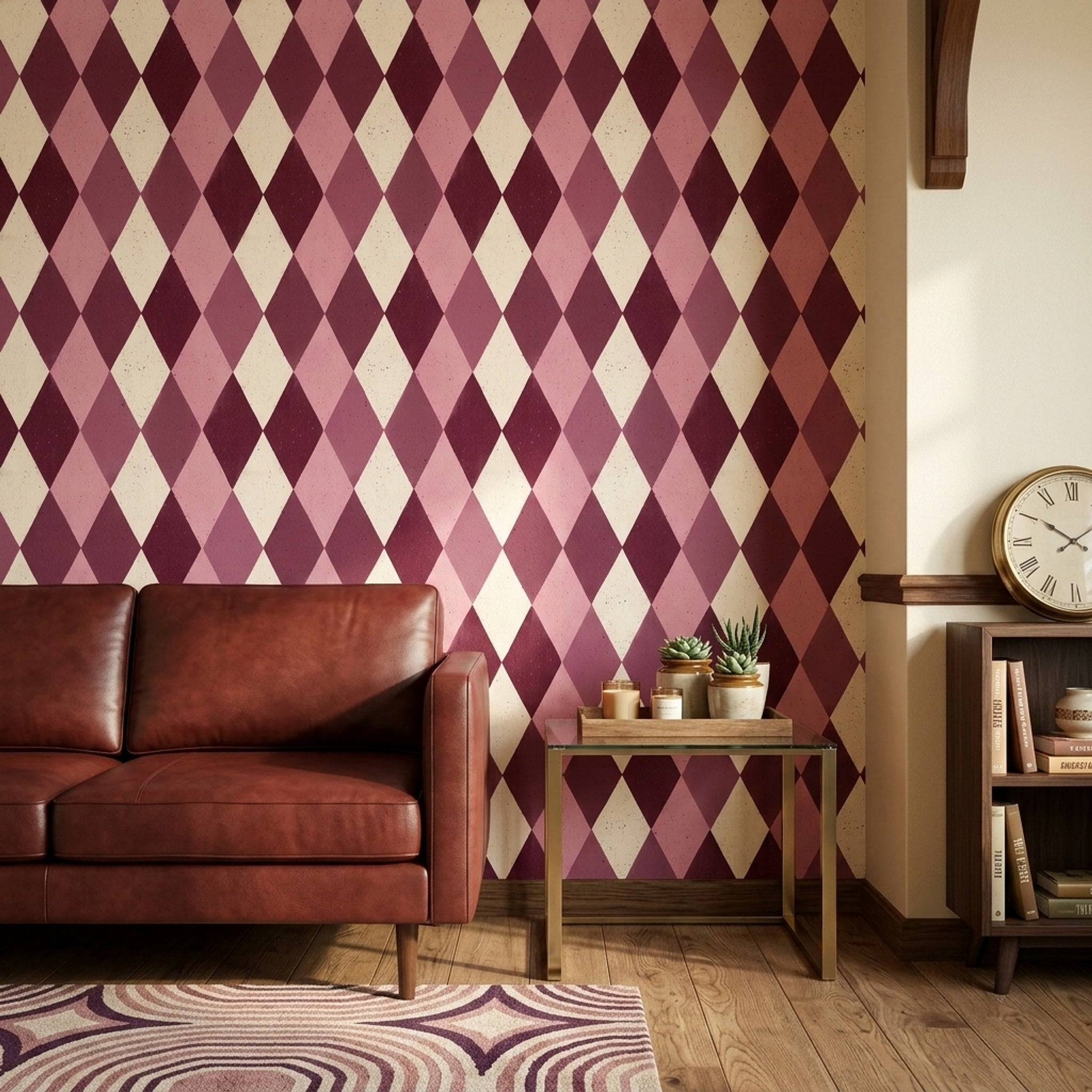 Baklava Desenli Duvar Kağıdı Bordo Pembe Geometrik Salon