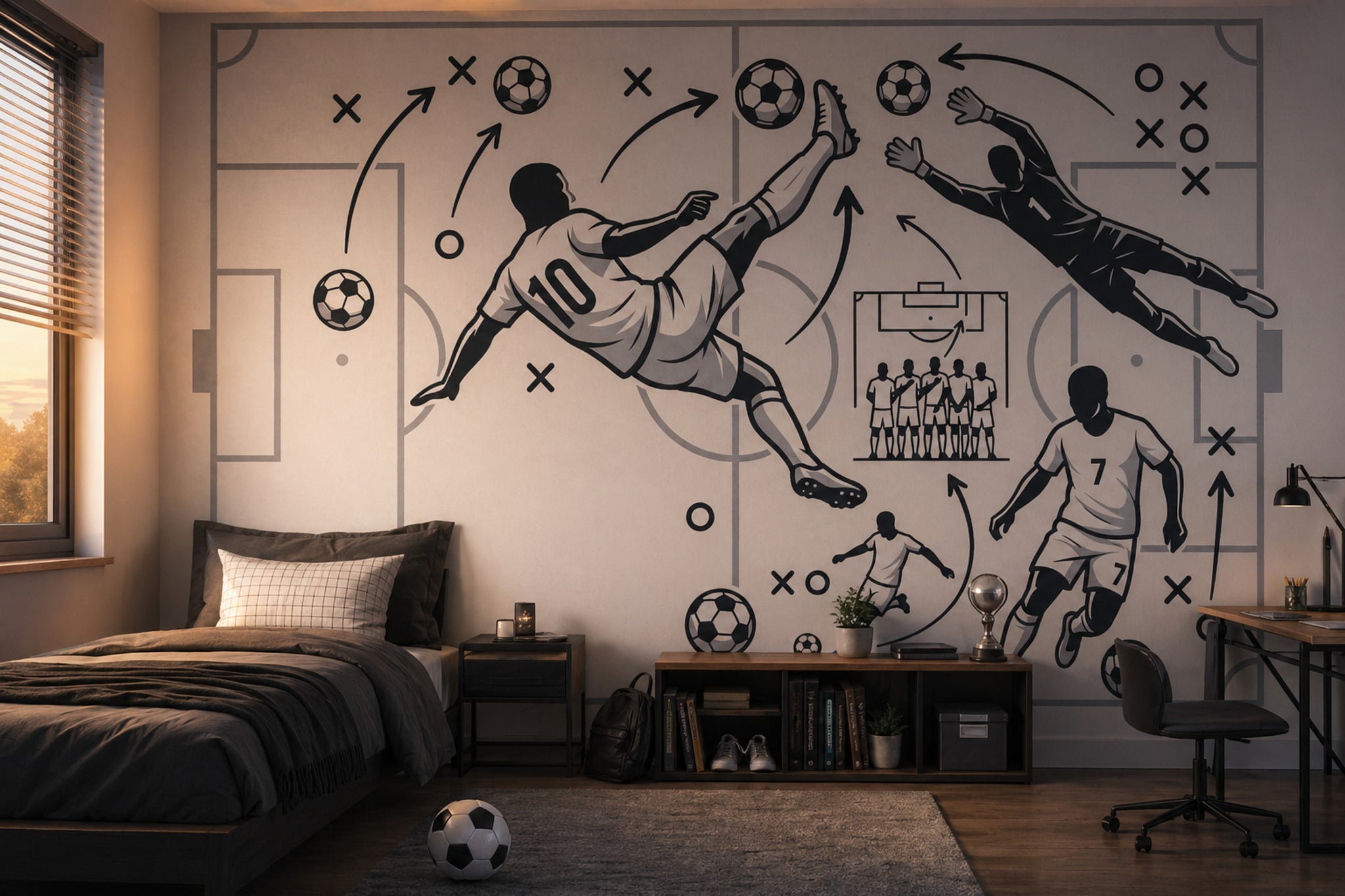 Futbol Taktik Çizimli Poster Duvar Kağıdı Siyah Beyaz Genç Odası