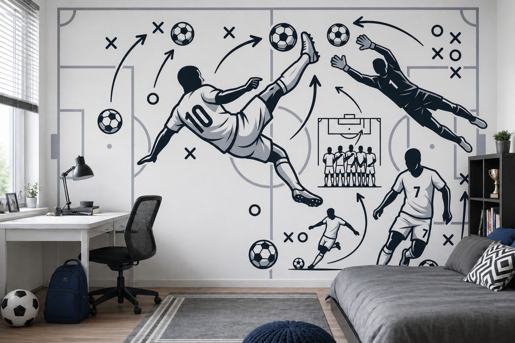 Futbol Taktik Çizimli Poster Duvar Kağıdı Siyah Beyaz Genç Odası
