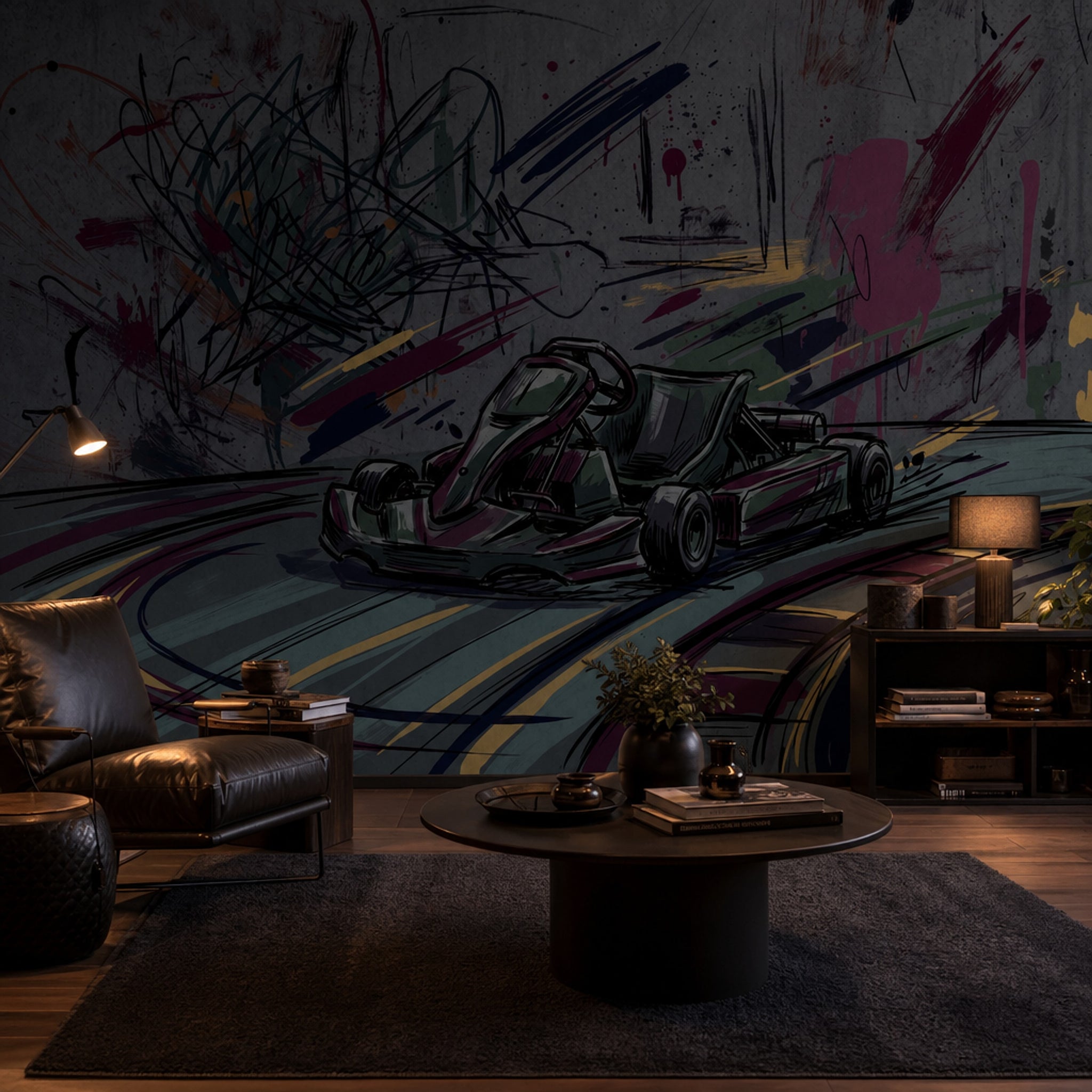 Go Kart Çizimli Poster Duvar Kağıdı Gri Grafiti Genç Odası