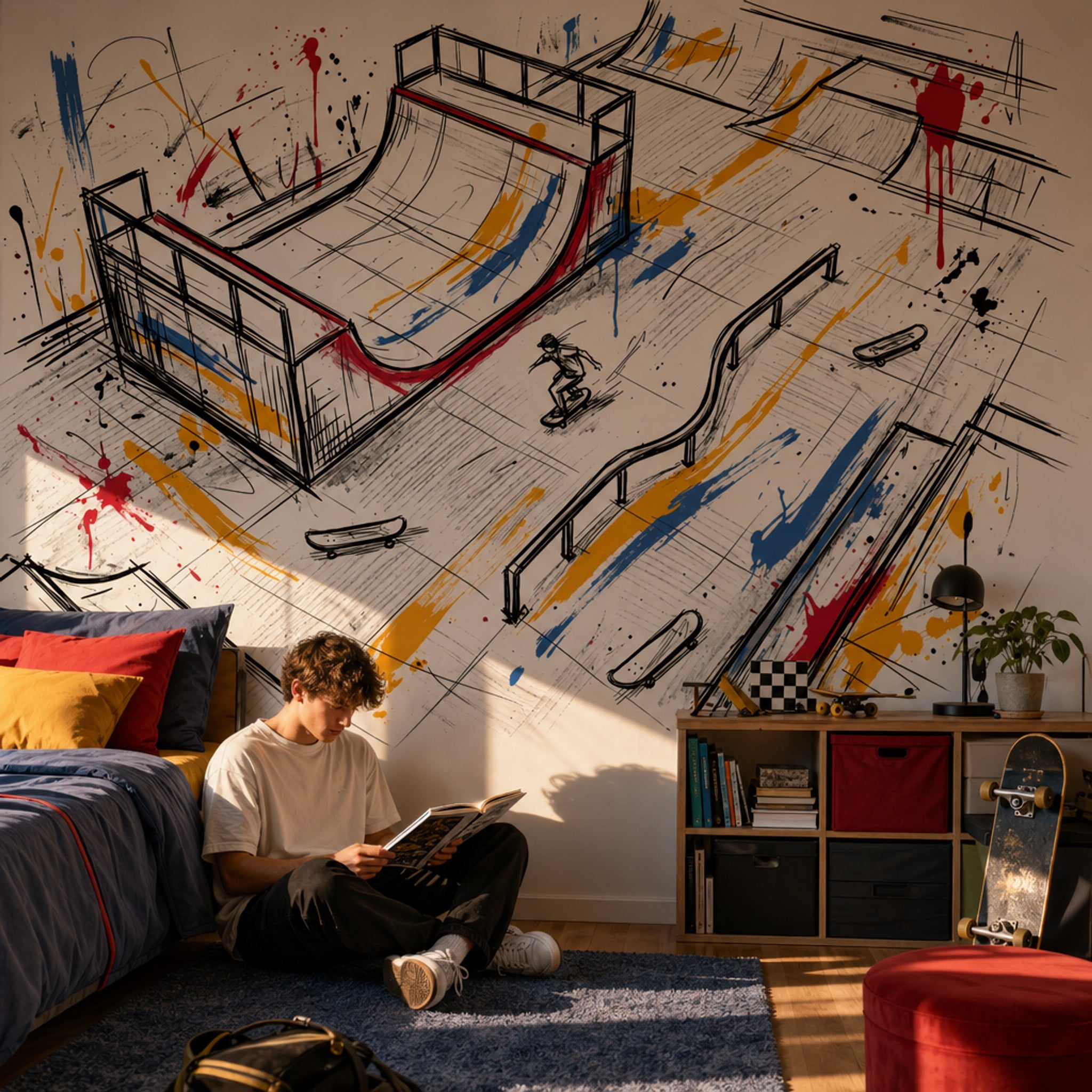 Kaykay Parkuru Çizimli Poster Duvar Kağıdı Renk Sıçramalı Genç Odası
