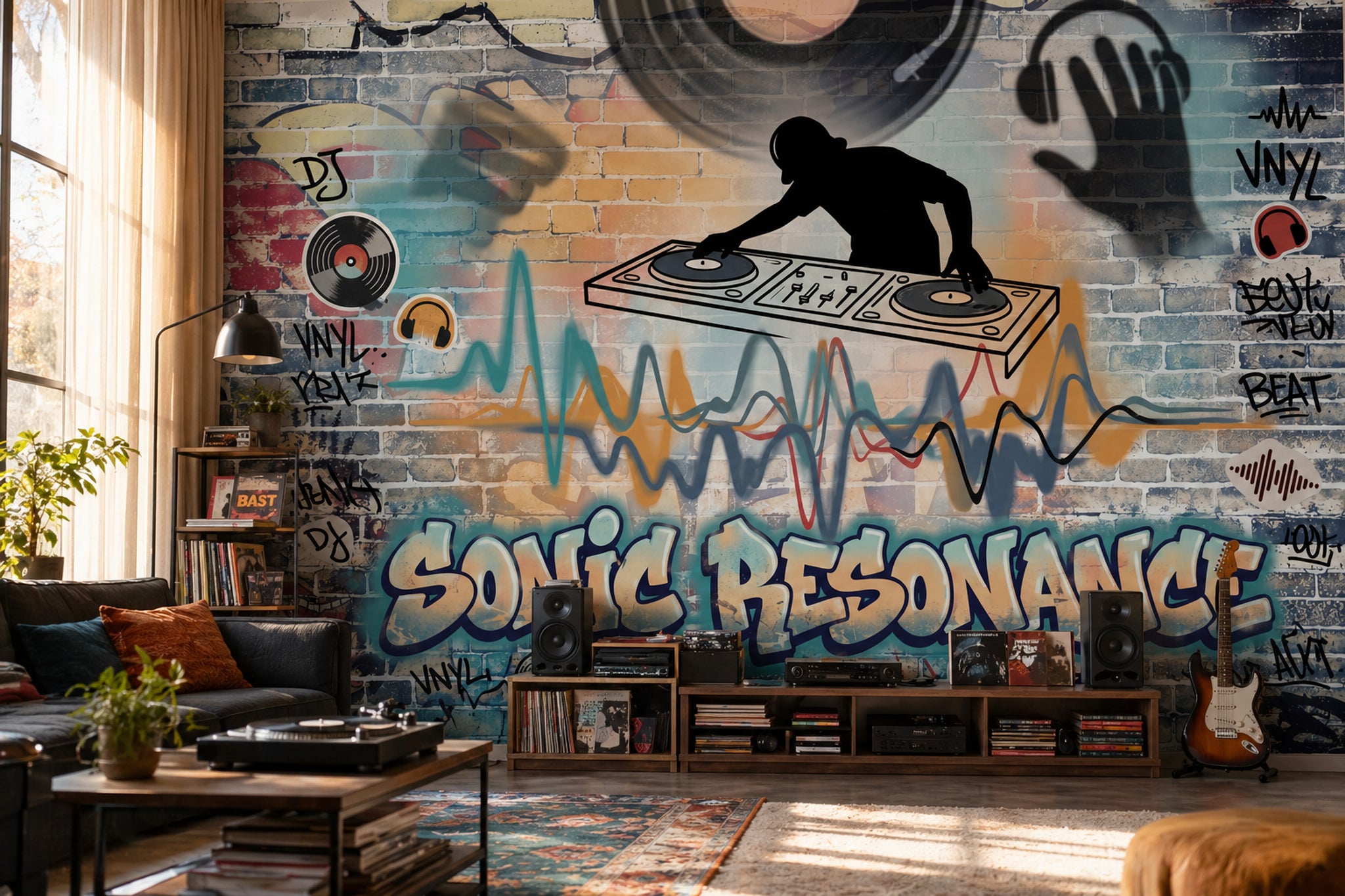 Grafiti DJ Temalı Poster Duvar Kağıdı Renkli Tuğla Duvar