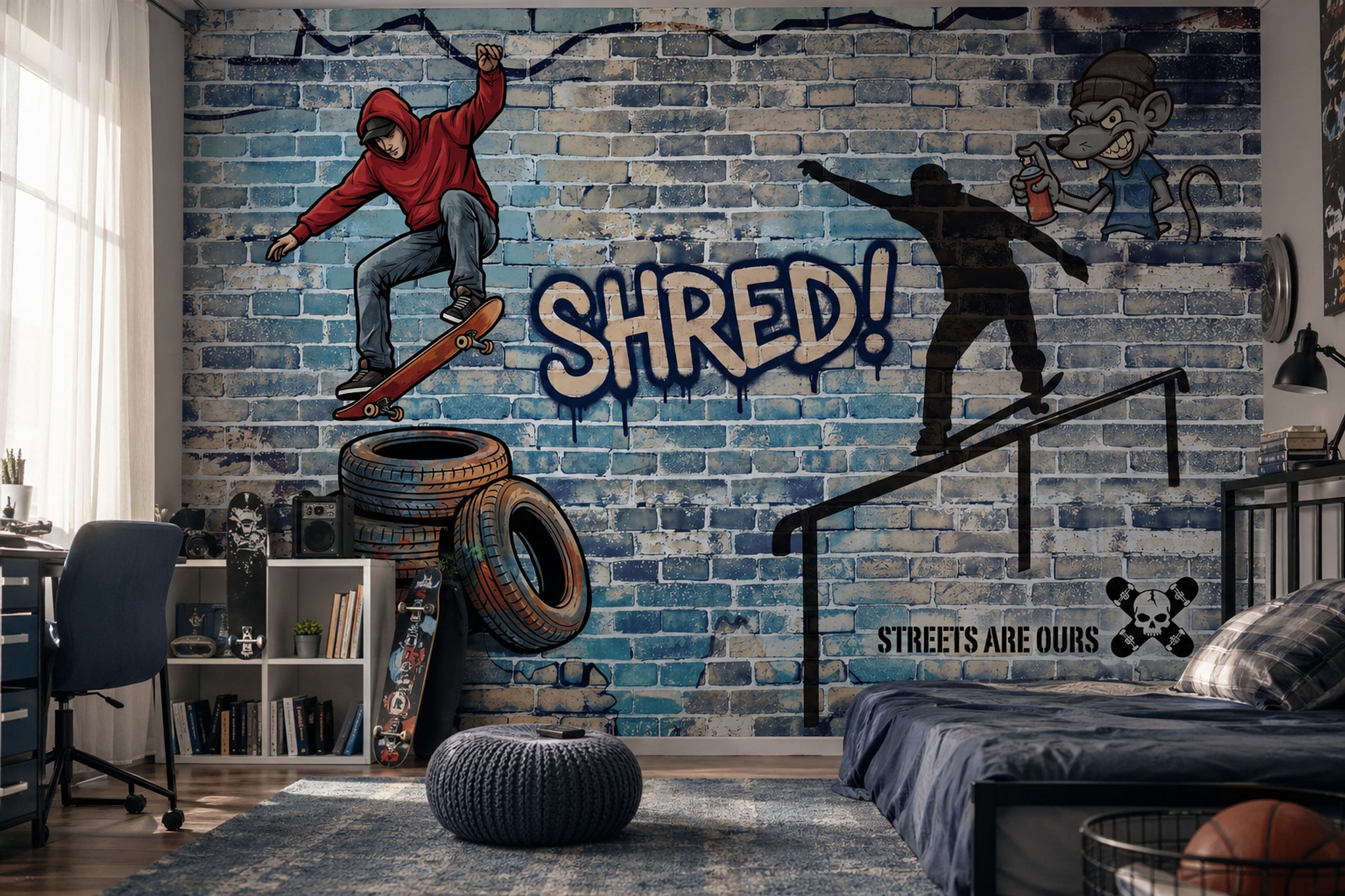 Graffiti Kaykay Temalı Poster Duvar Kağıdı Mavi Tuğla Genç Odası