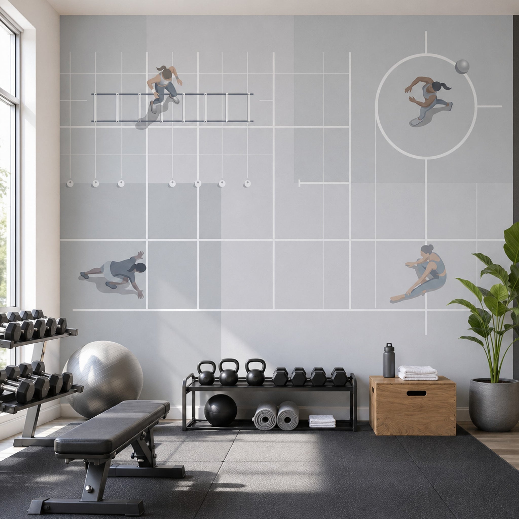 Spor Salon Temalı Poster Duvar Kağıdı Gri Antrenman Desenli