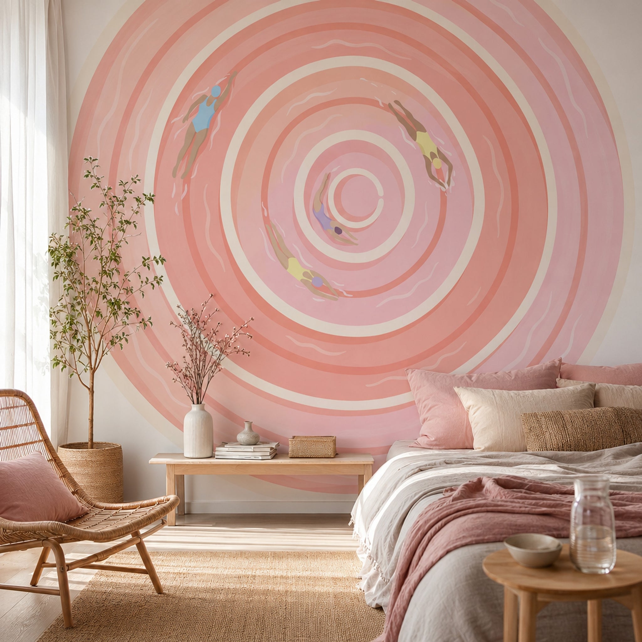 Yüzücü Figürlü Spiral Poster Duvar Kağıdı Pudra Pembe Yatak Odası