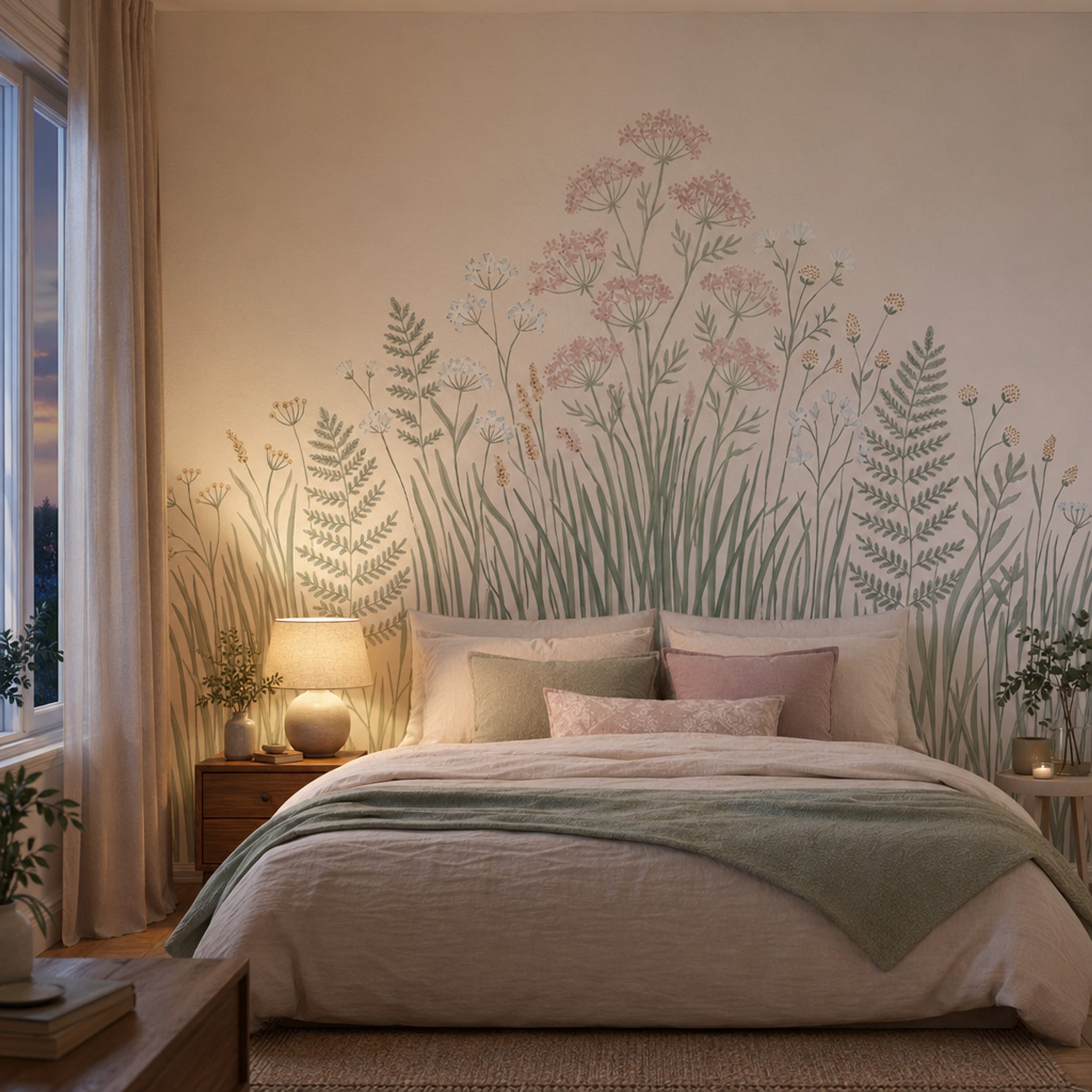 Çayır Çiçekli Poster Duvar Kağıdı Pastel Bej Yatak Odası