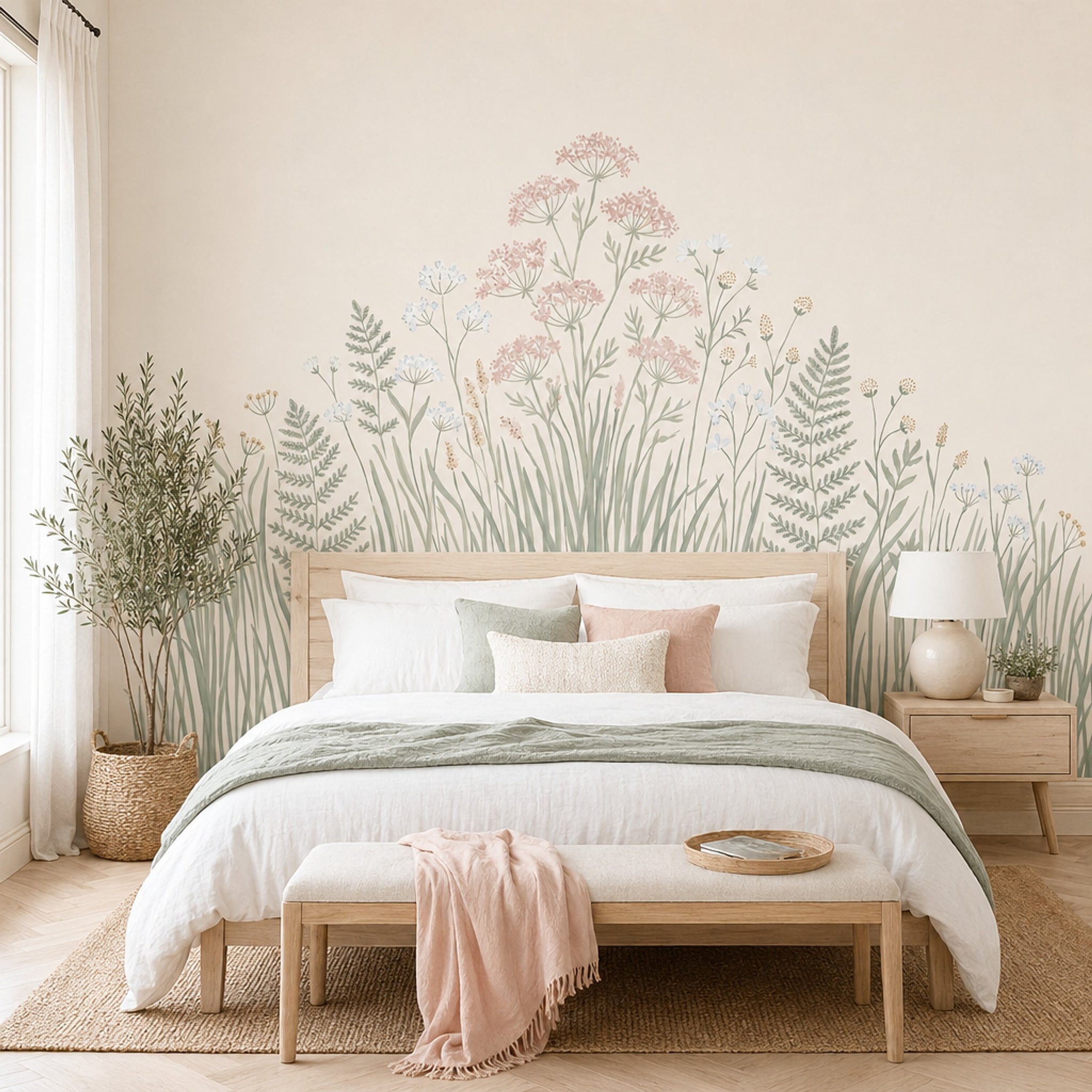 Çayır Çiçekli Poster Duvar Kağıdı Pastel Bej Yatak Odası