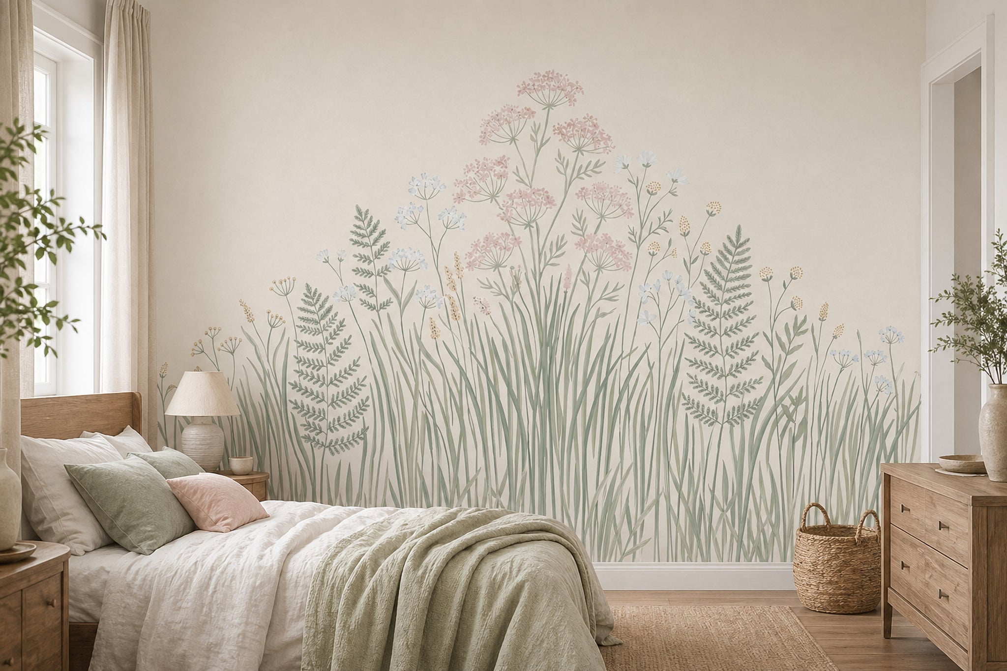 Çayır Çiçekli Poster Duvar Kağıdı Pastel Bej Yatak Odası