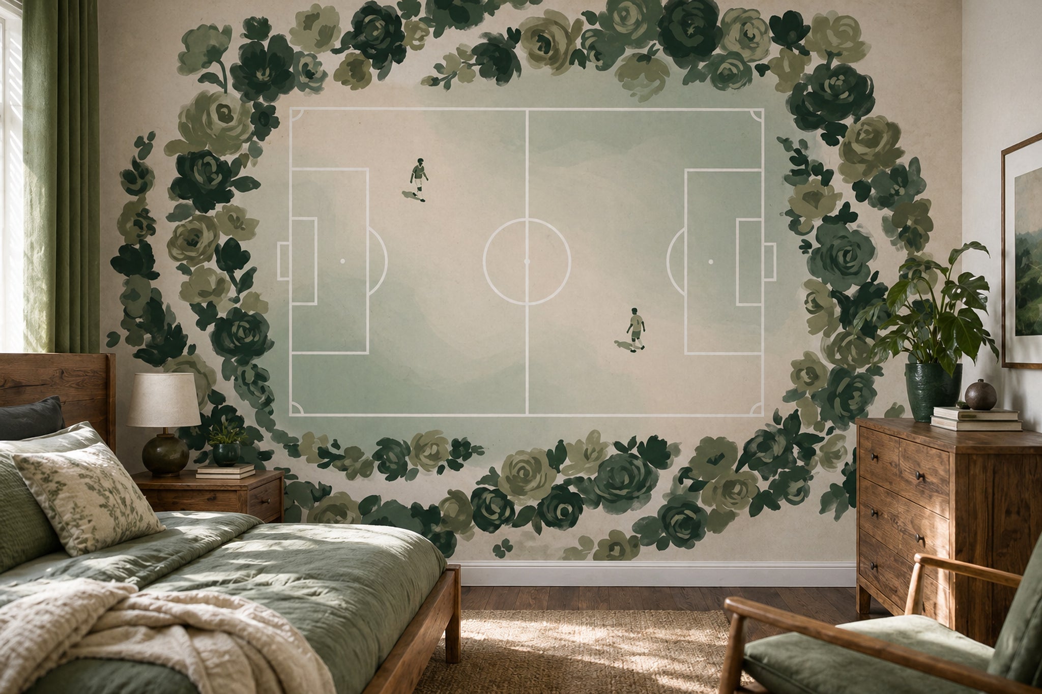 Güllü Futbol Sahası Poster Duvar Kağıdı Yeşil Genç Odası