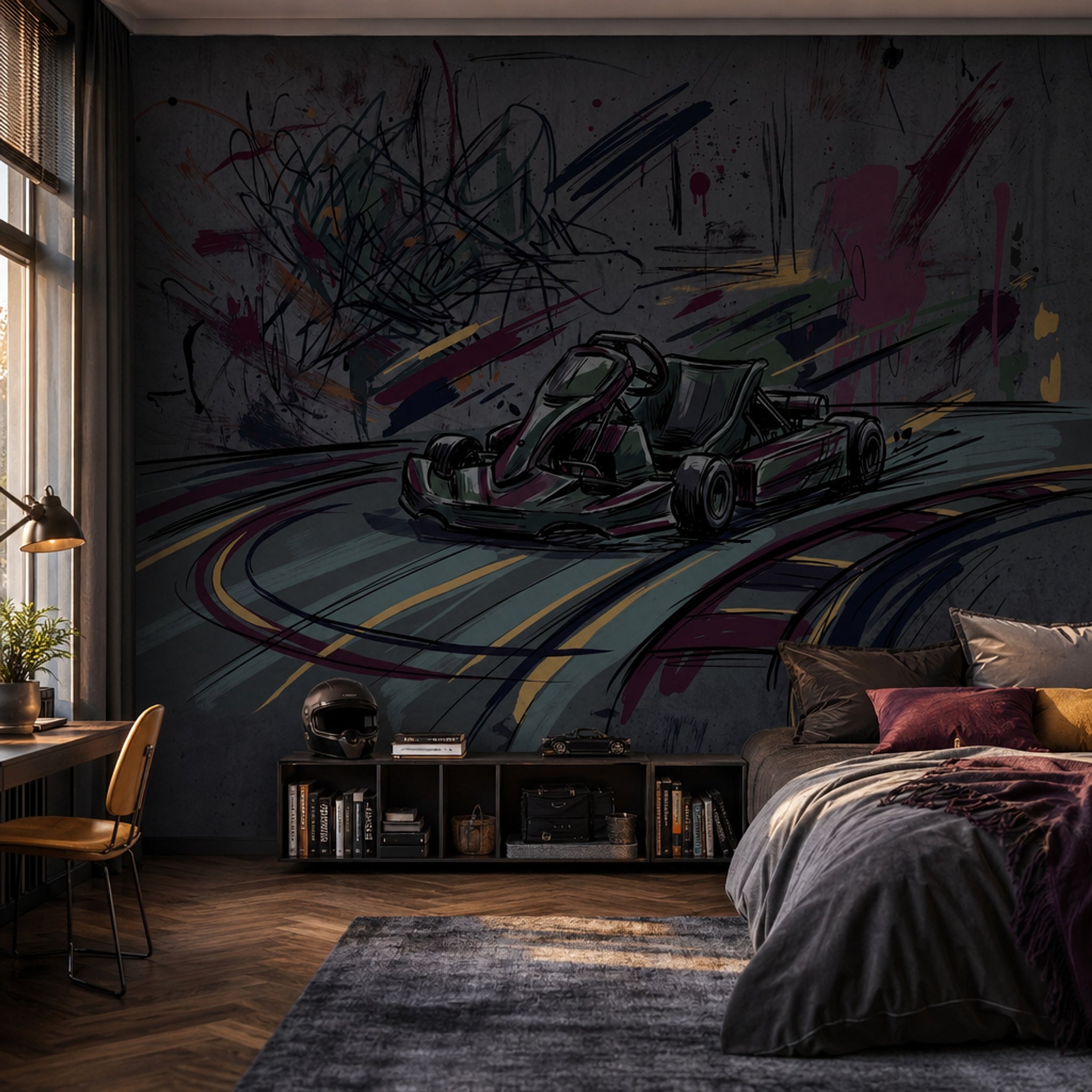 Go Kart Çizimli Poster Duvar Kağıdı Gri Grafiti Genç Odası