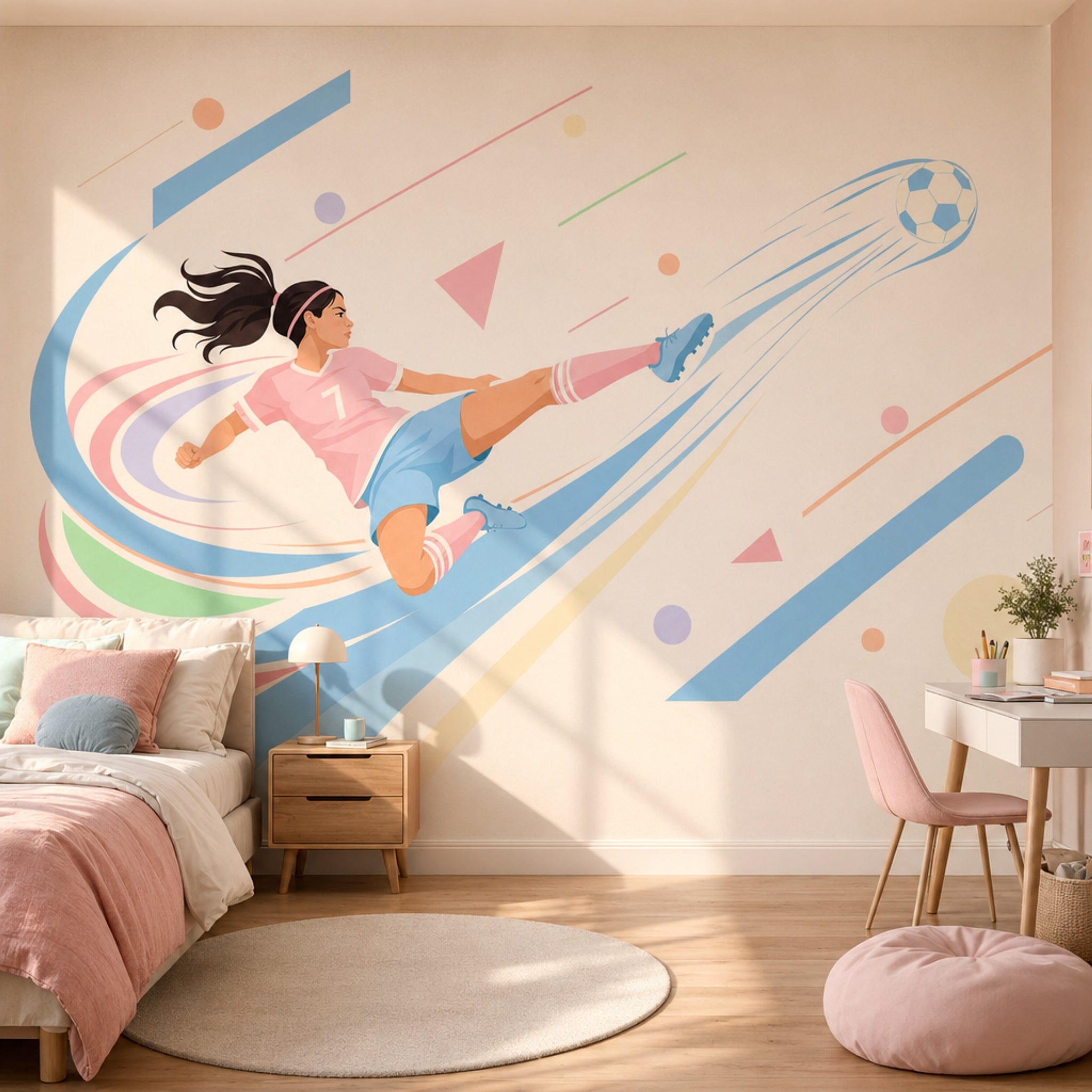 Futbolcu Kız İllüstrasyonlu Poster Duvar Kağıdı Pastel Çocuk Odası