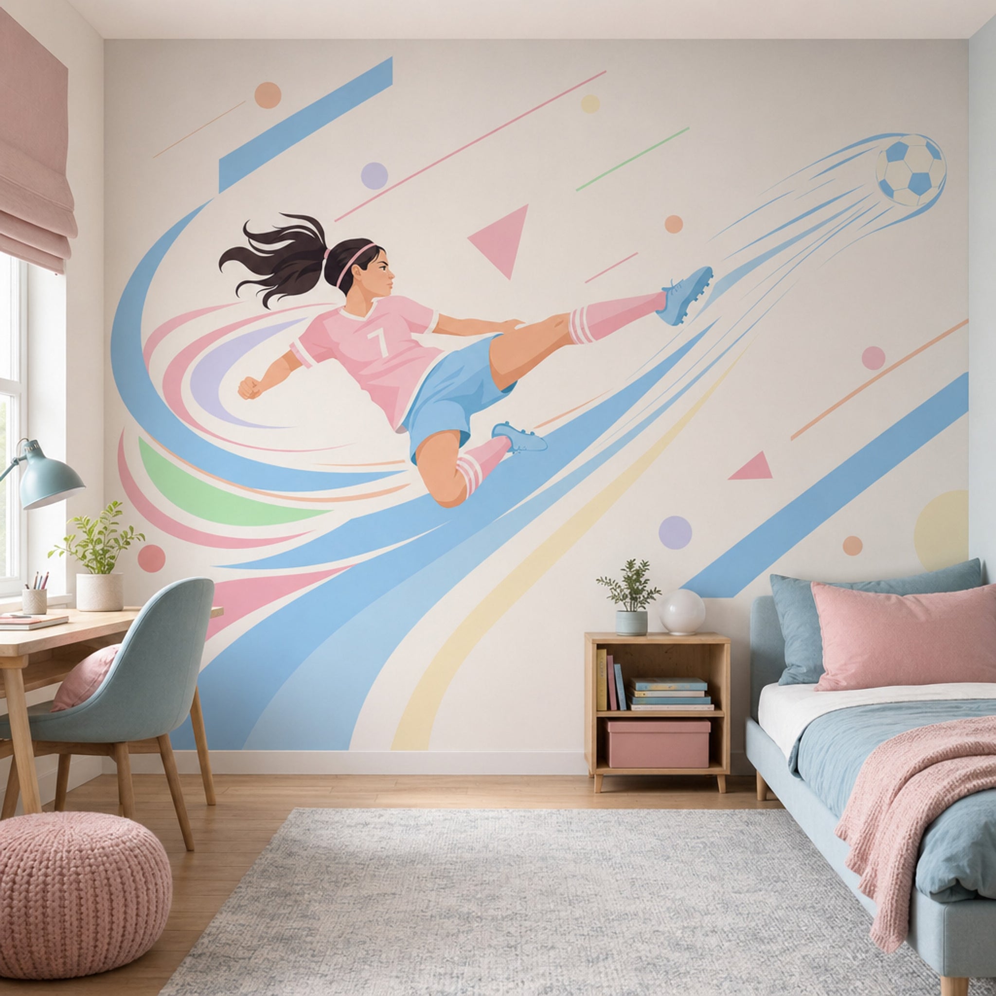 Futbolcu Kız İllüstrasyonlu Poster Duvar Kağıdı Pastel Çocuk Odası