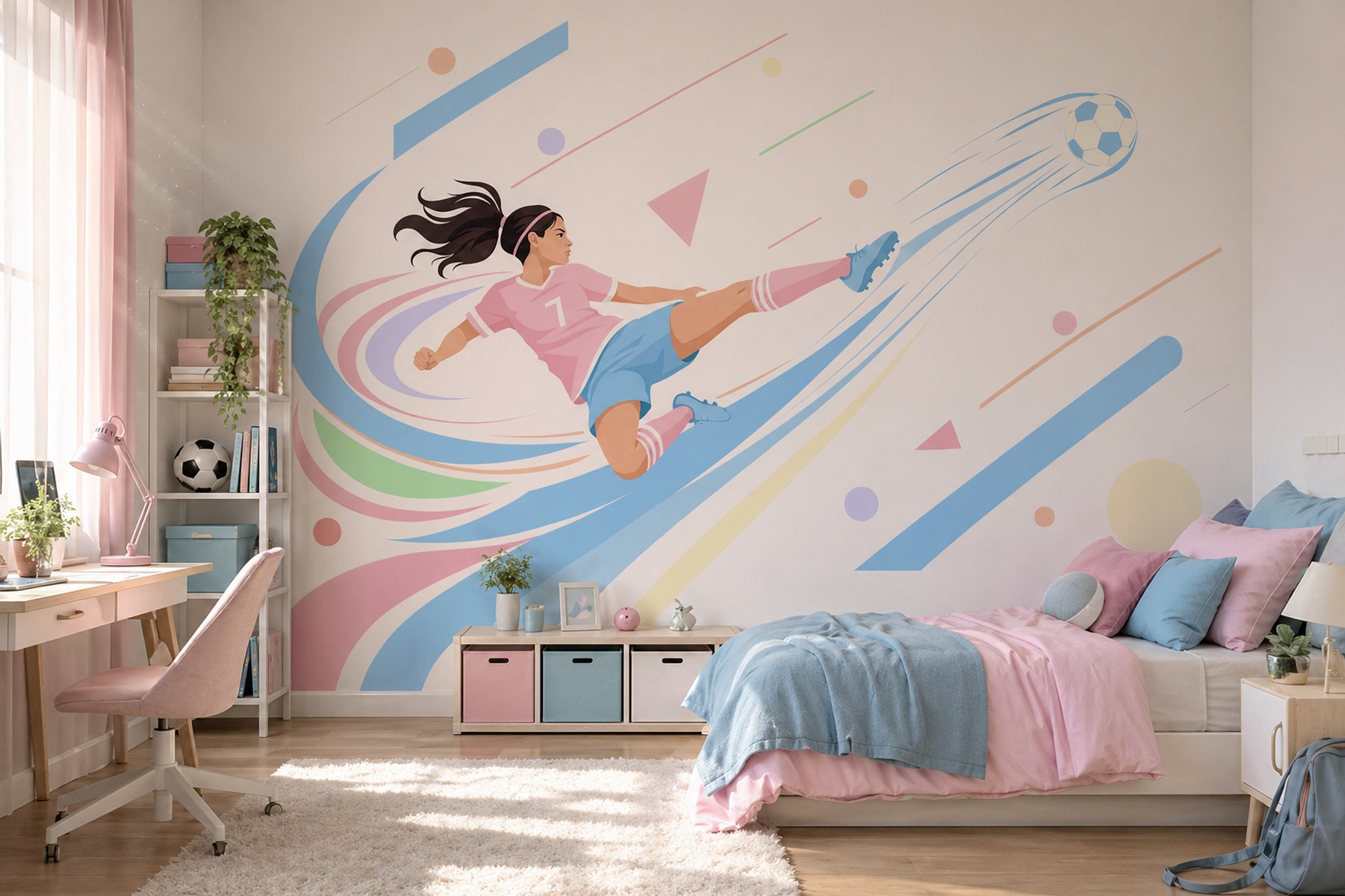 Futbolcu Kız İllüstrasyonlu Poster Duvar Kağıdı Pastel Çocuk Odası
