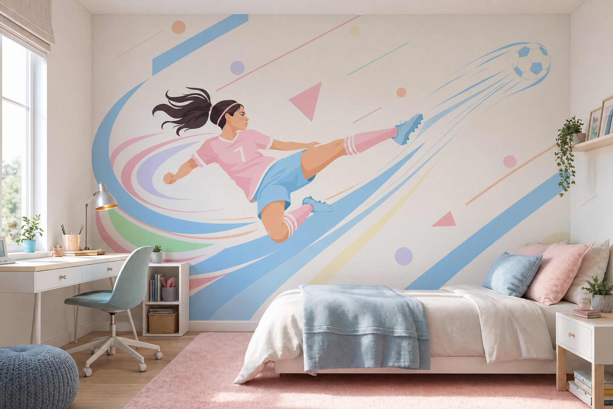 Futbolcu Kız İllüstrasyonlu Poster Duvar Kağıdı Pastel Çocuk Odası