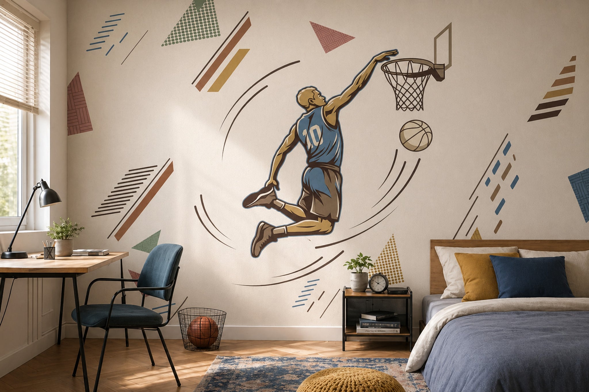 Basketbolcu Figürlü Poster Duvar Kağıdı Geometrik Desenli Genç Odası