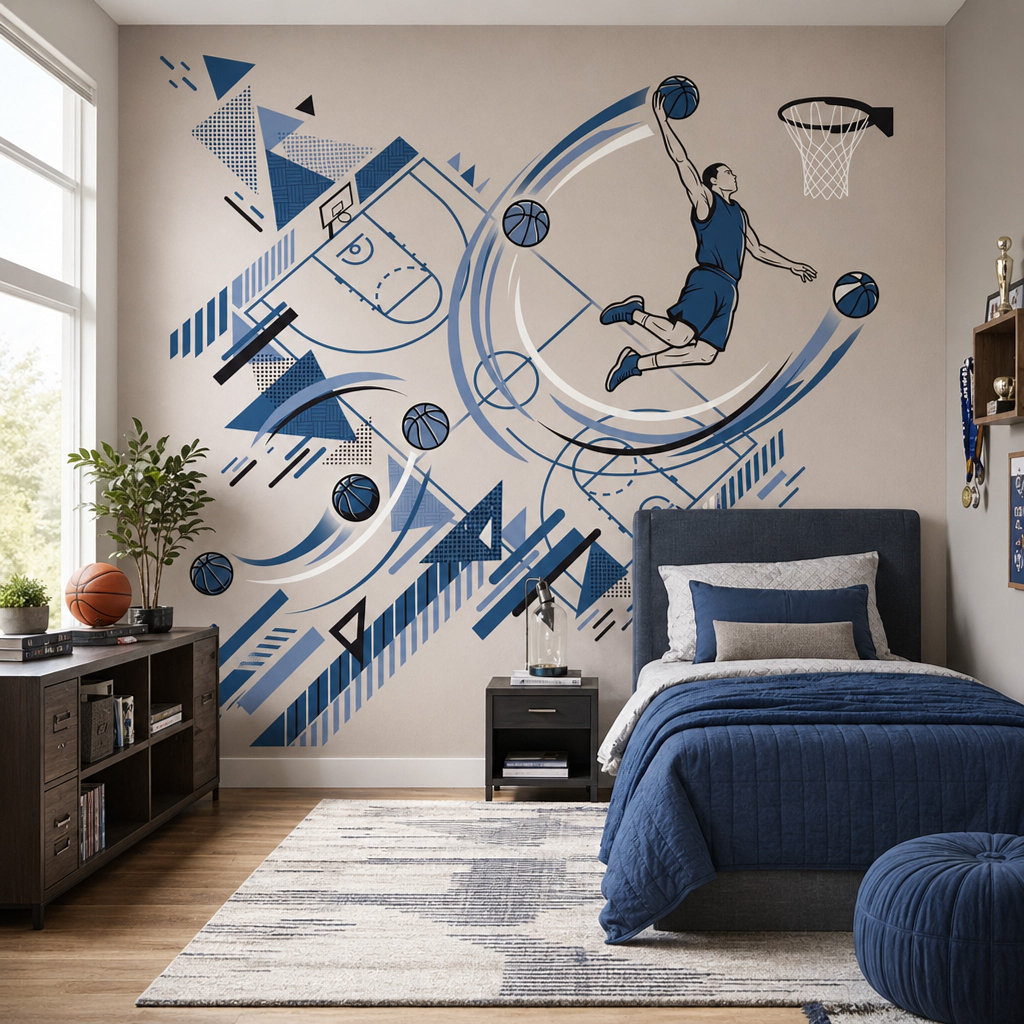 Basketbolcu Figürlü Poster Duvar Kağıdı Mavi Geometrik Genç Odası
