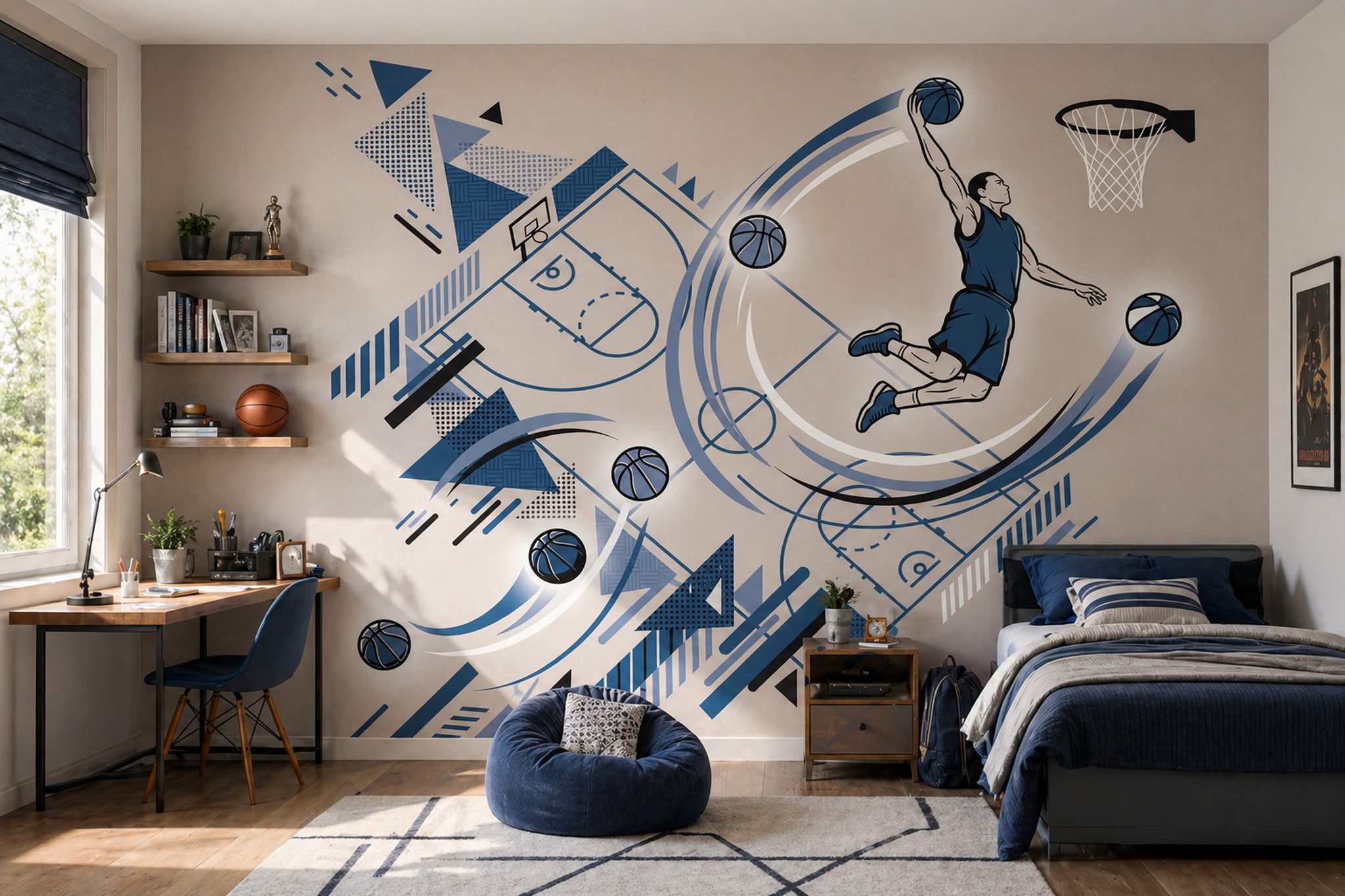 Basketbolcu Figürlü Poster Duvar Kağıdı Mavi Geometrik Genç Odası