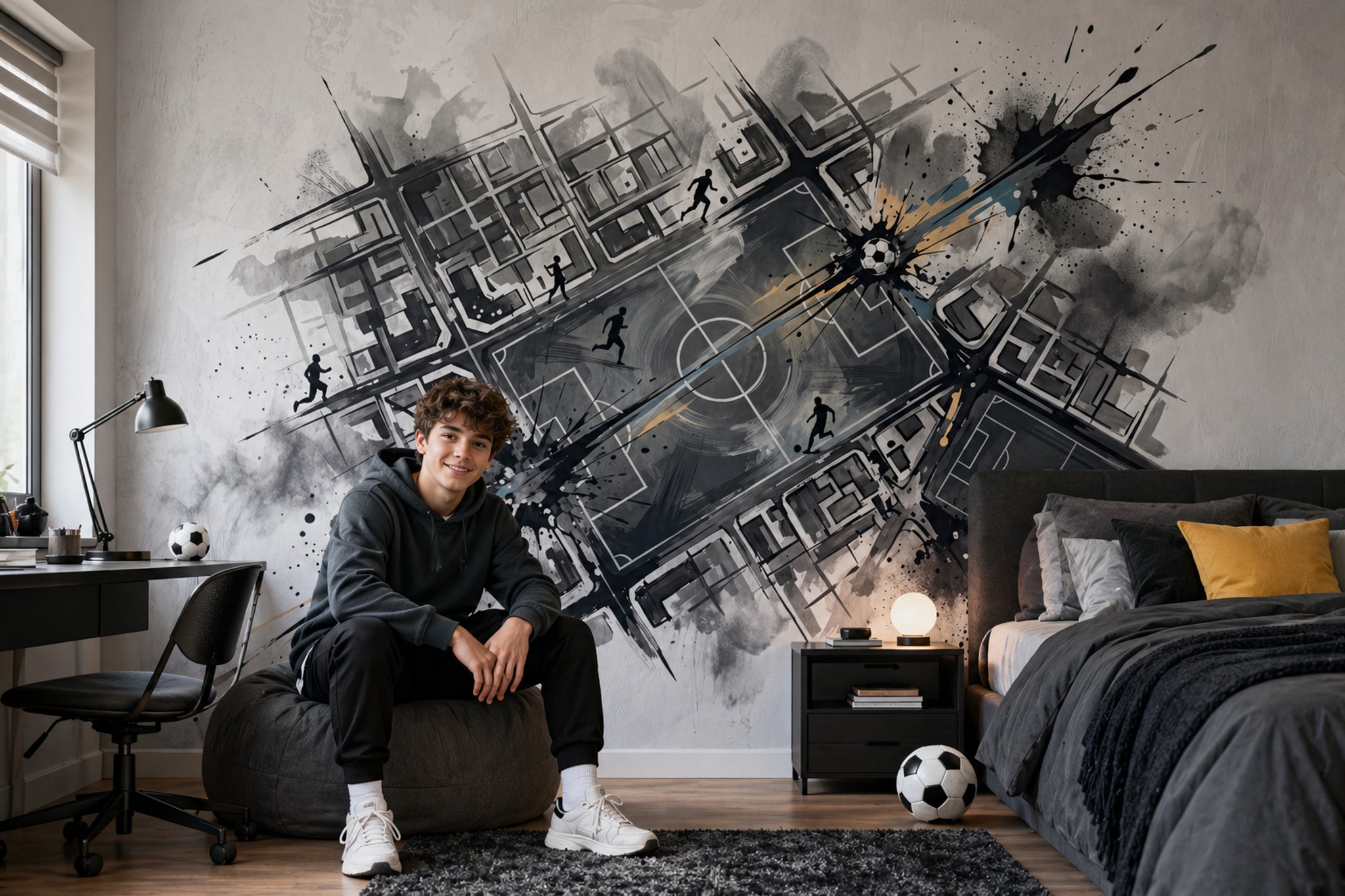 Sokak Futbolu Poster Duvar Kağıdı Siyah Gri Modern Salon