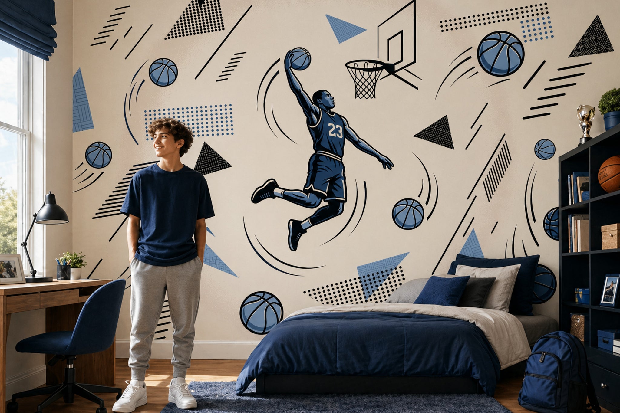 Basketbolcu Figürlü Poster Duvar Kağıdı Mavi Genç Odası