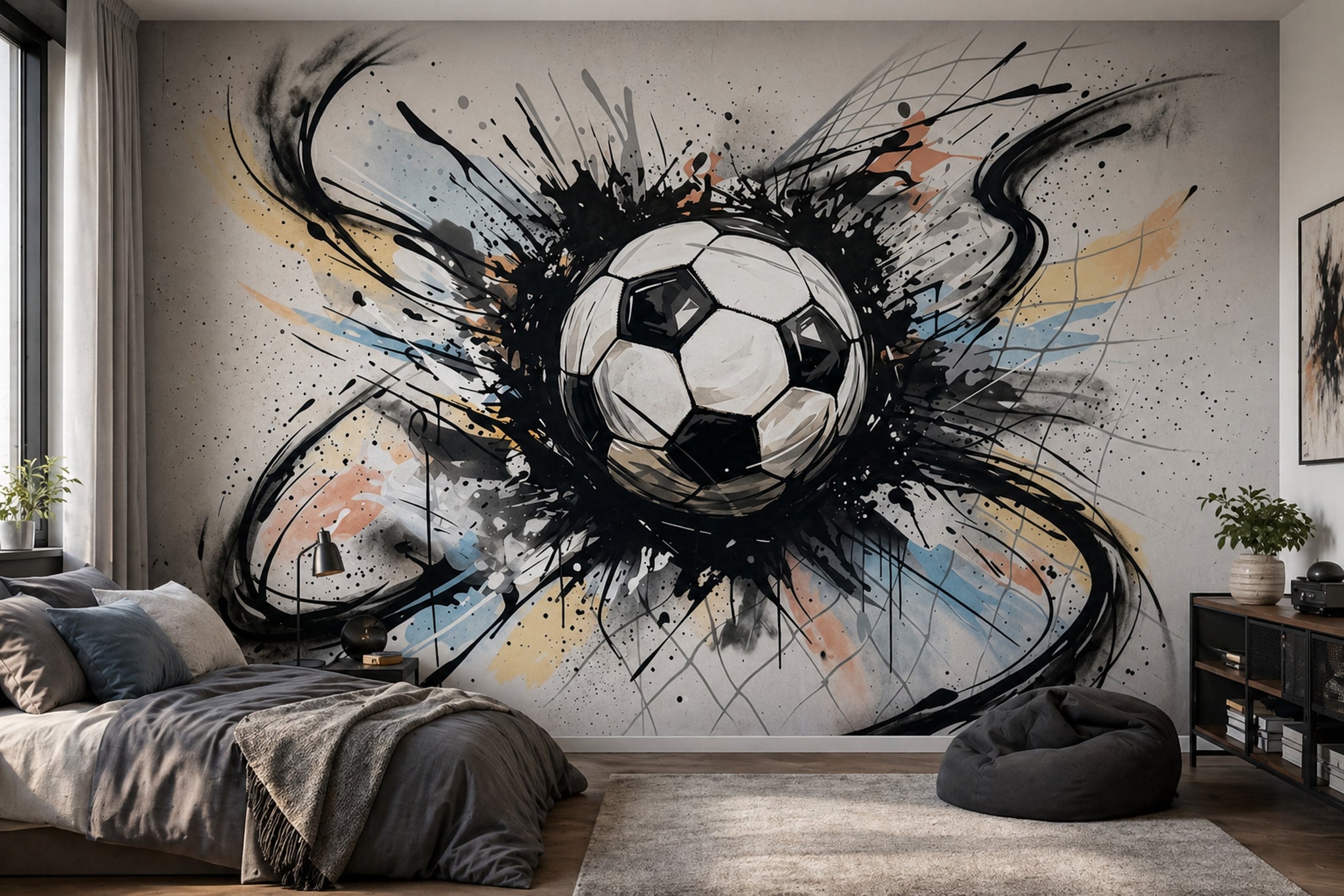 Sulu Boya Futbol Topu Poster Duvar Kağıdı Gri Genç Odası
