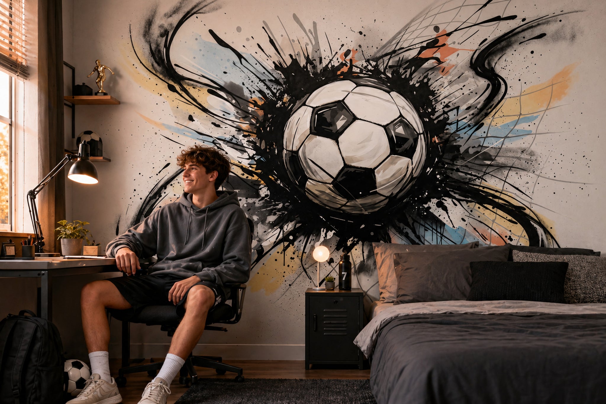 Sulu Boya Futbol Topu Poster Duvar Kağıdı Gri Genç Odası