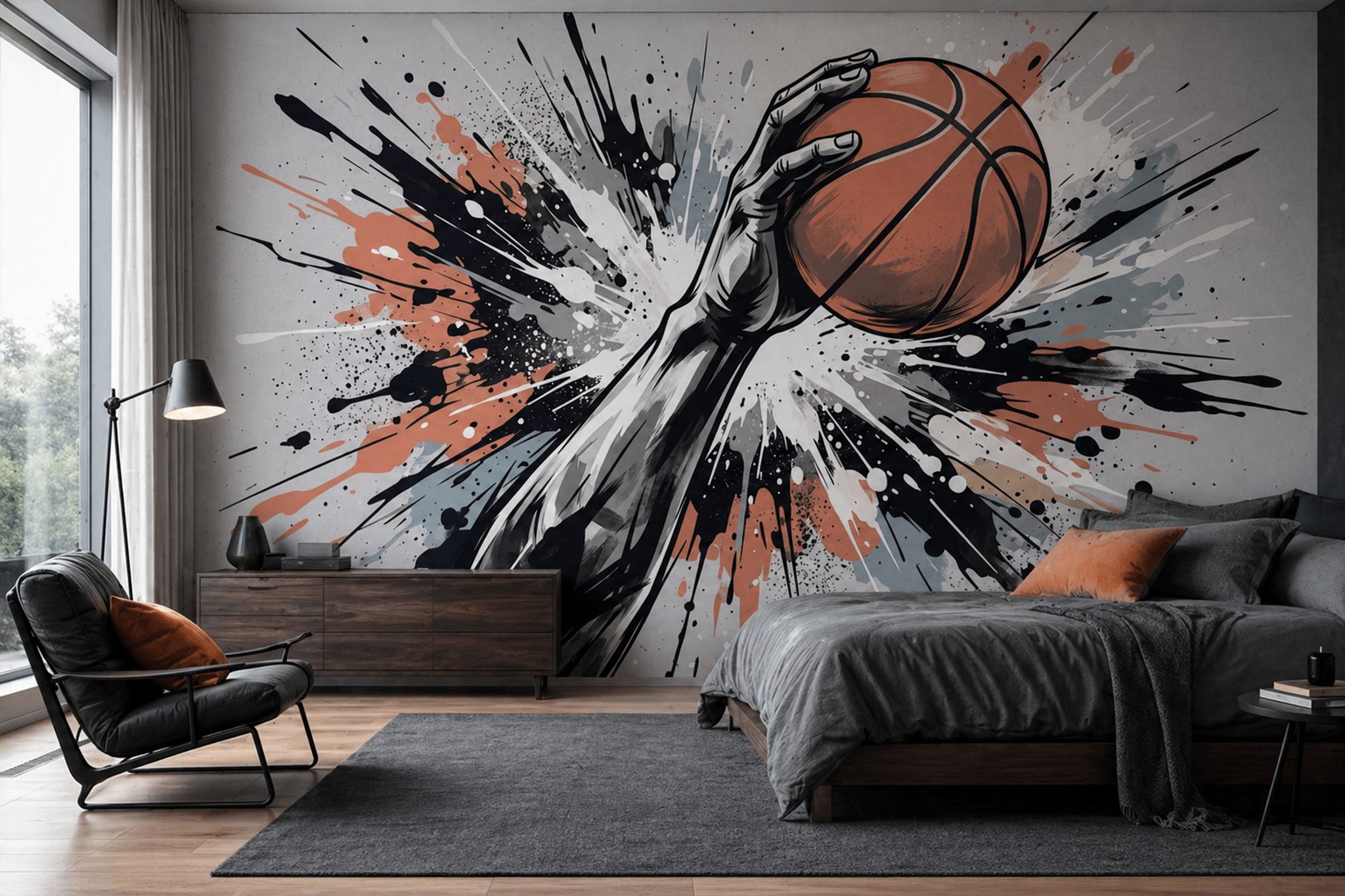 Basketbol Temalı Poster Duvar Kağıdı Siyah Turuncu Sıçrama Desenli