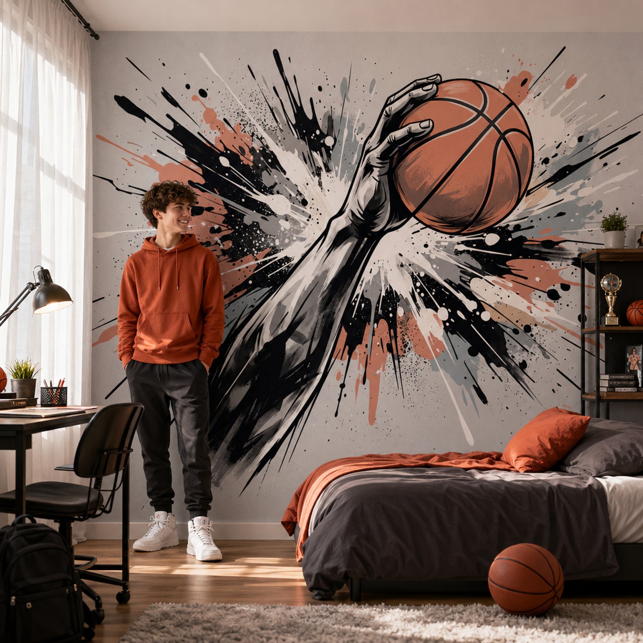 Basketbol Temalı Poster Duvar Kağıdı Siyah Turuncu Sıçrama Desenli