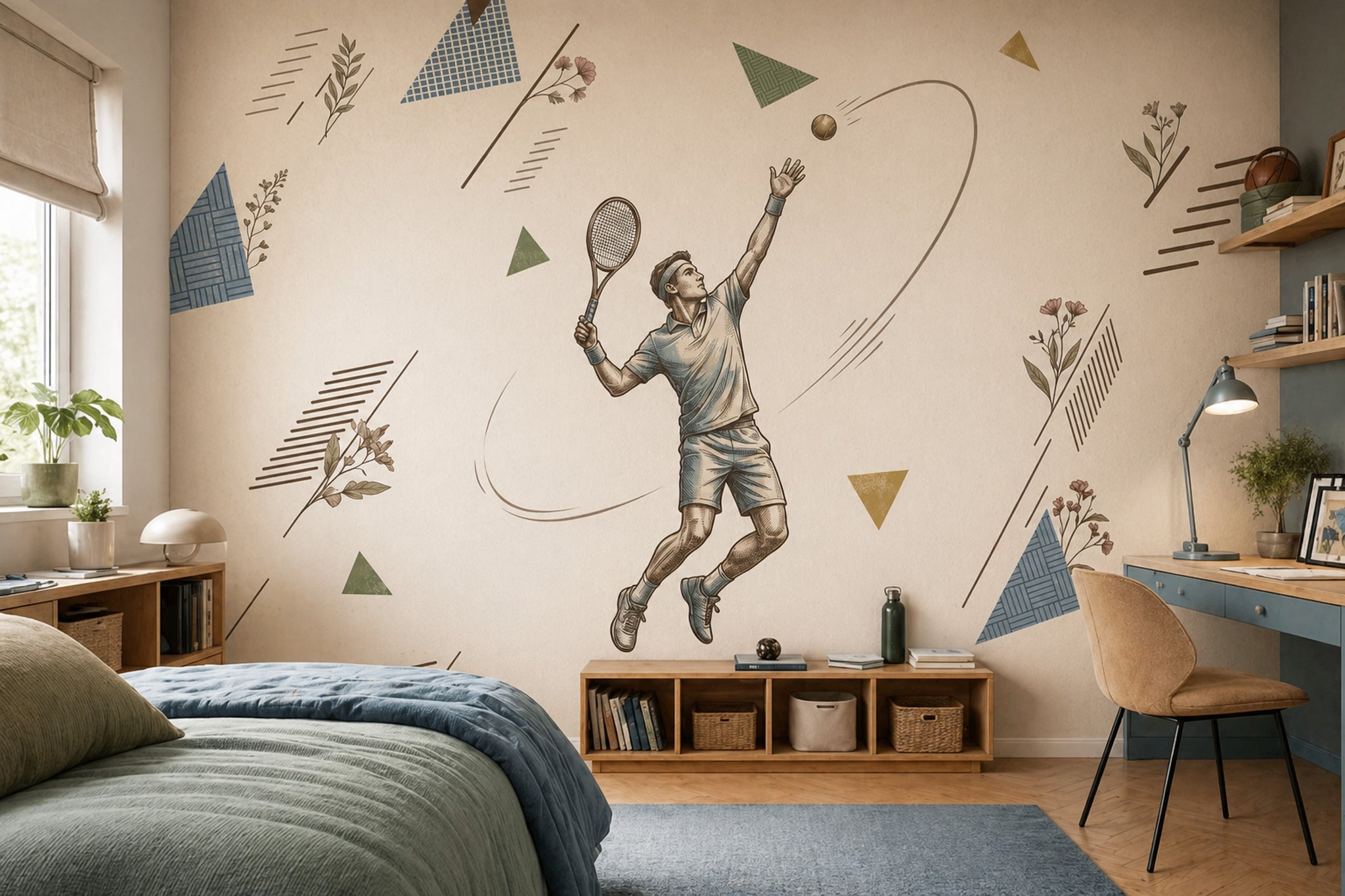Tenisçi Figürlü Poster Duvar Kağıdı Bej Spor Temalı