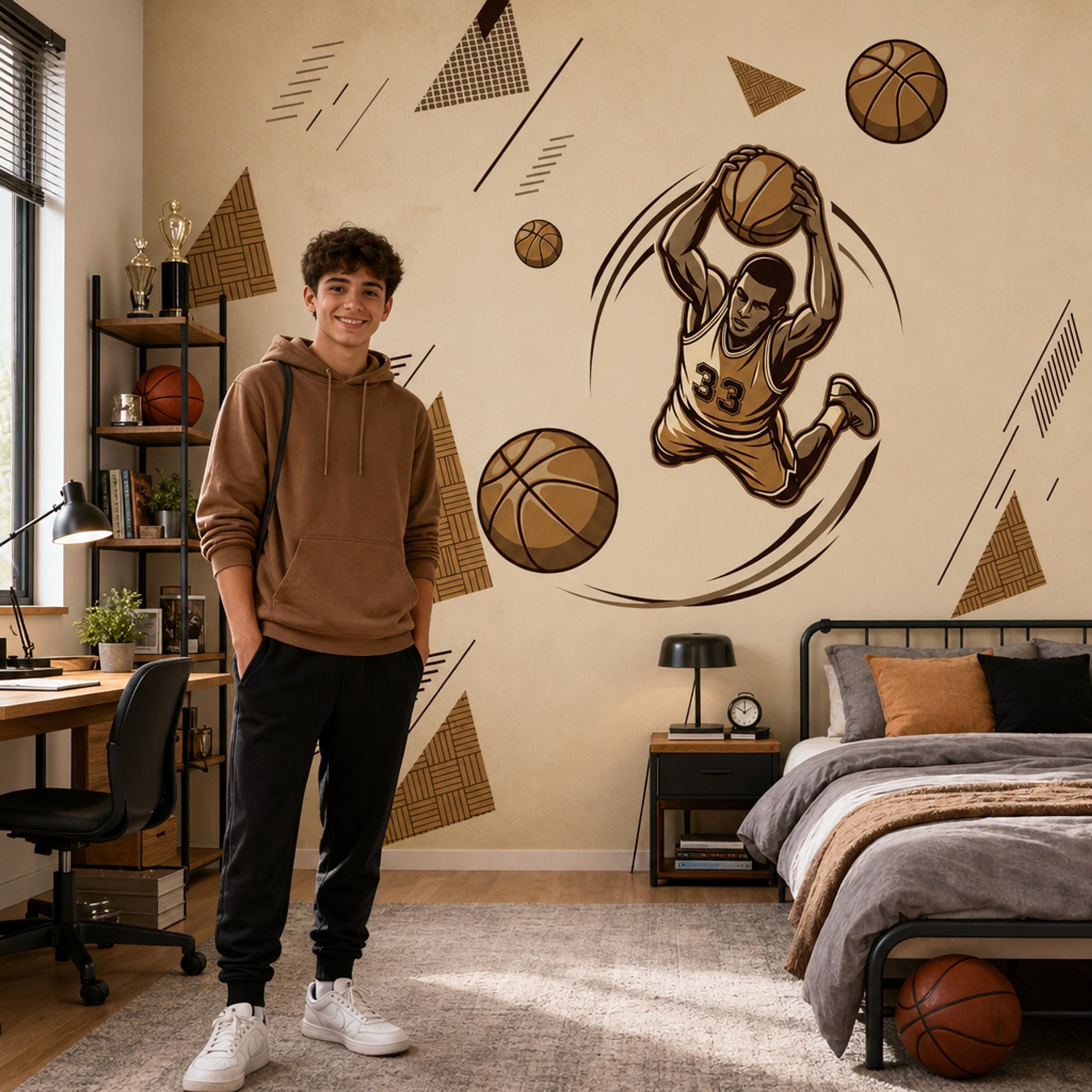 Basketbolcu Figürlü Poster Duvar Kağıdı Kahverengi Genç Odası