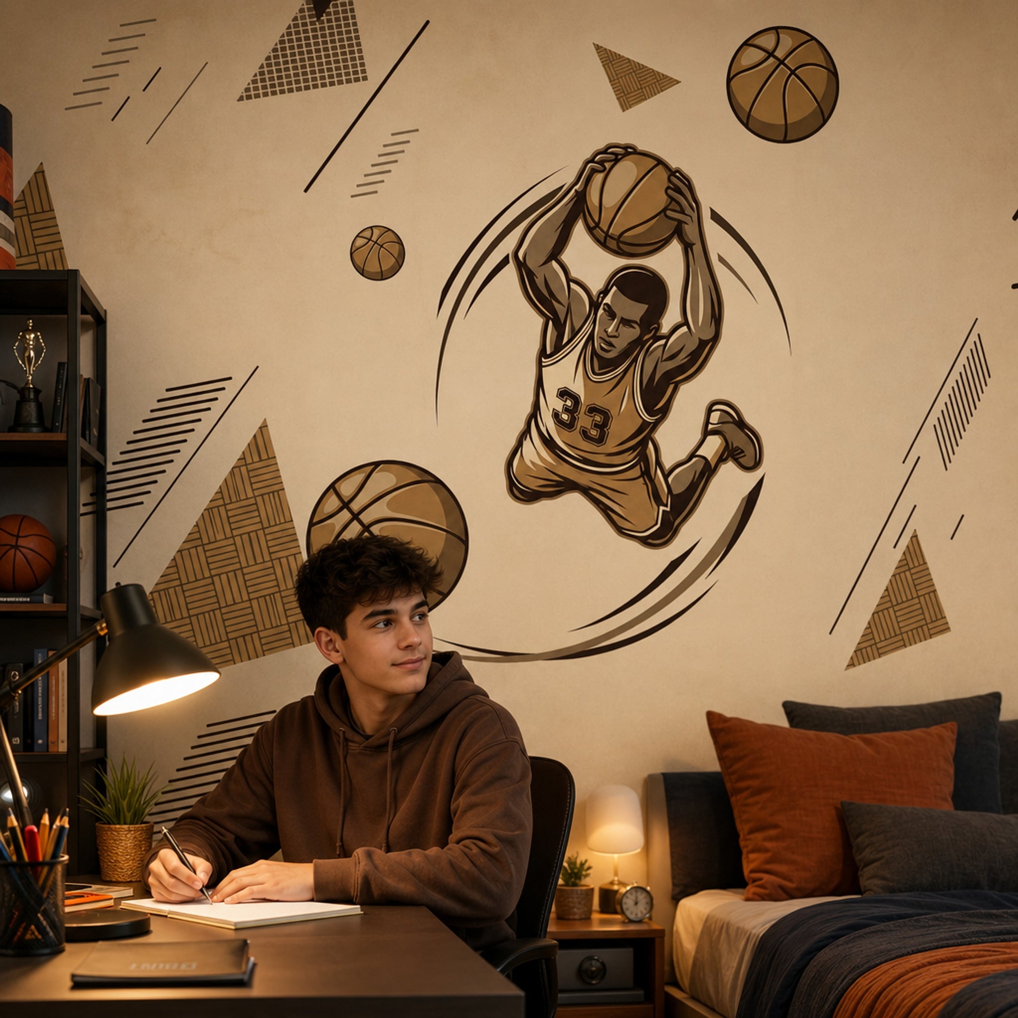 Basketbolcu Figürlü Poster Duvar Kağıdı Kahverengi Genç Odası