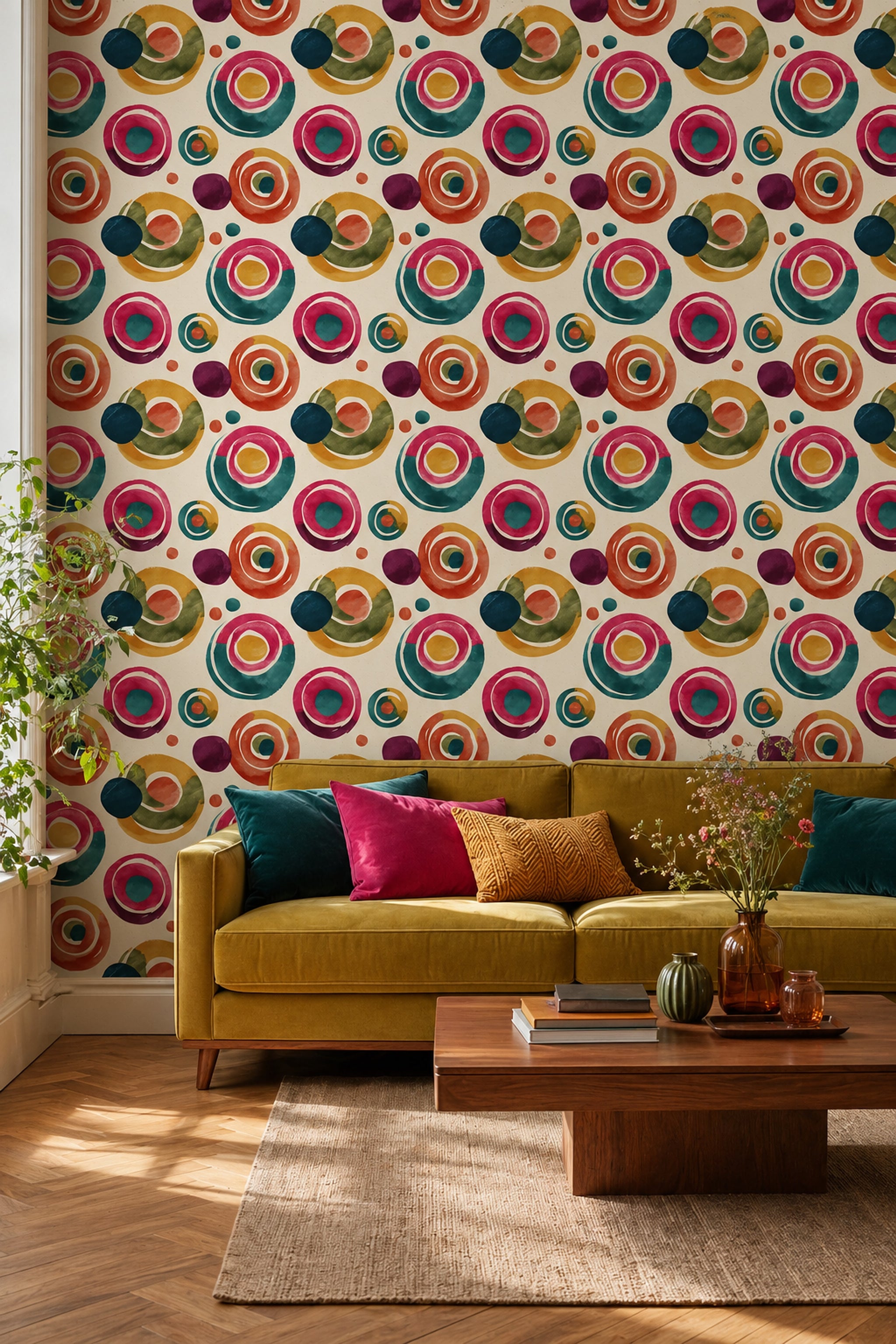 Renkli Retro Daire Desenli Duvar Kağıdı Modern Salon