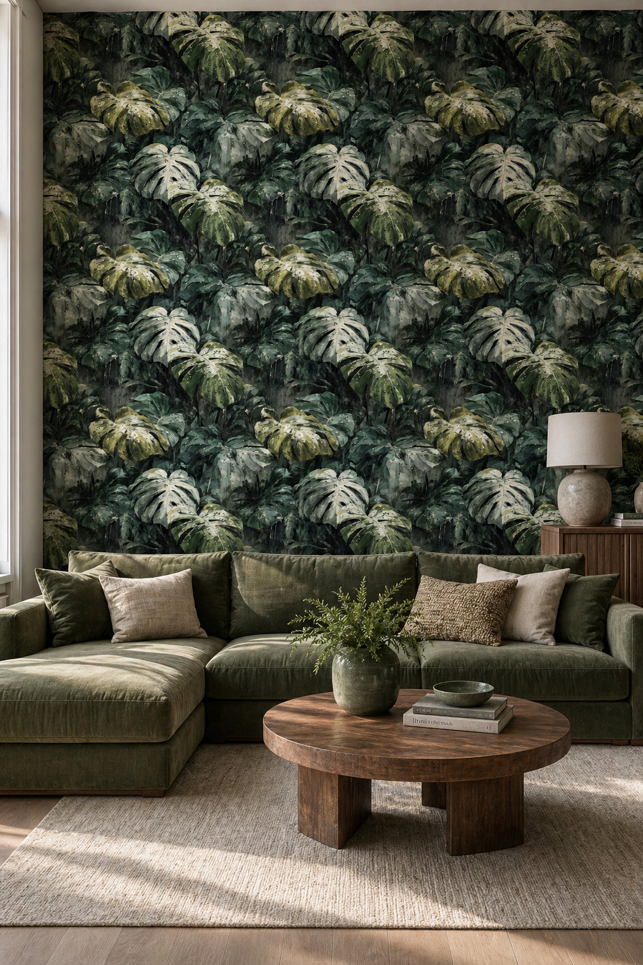 Tropikal Monstera Yapraklı Duvar Kağıdı Koyu Yeşil Salon