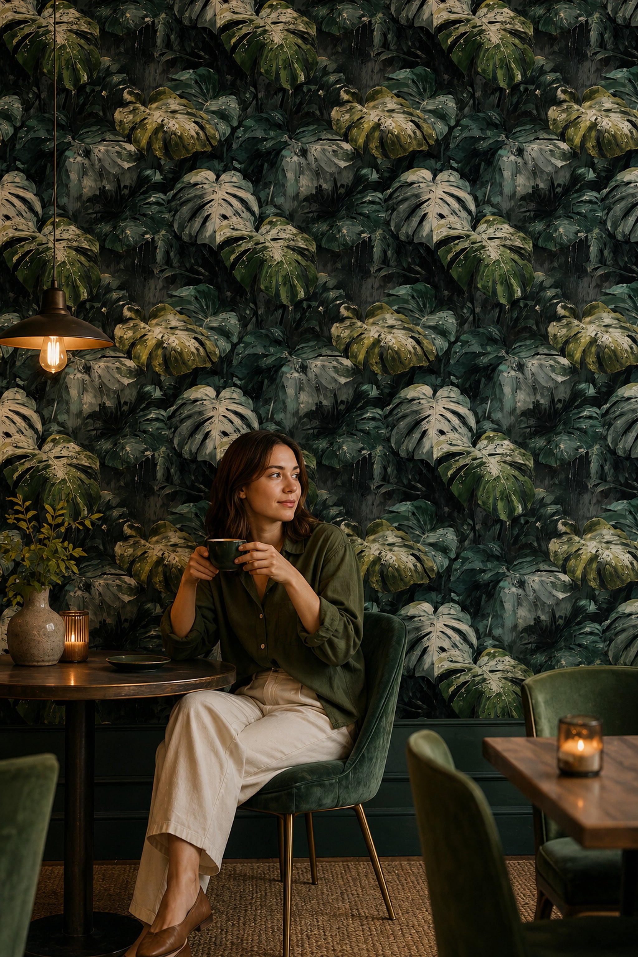 Tropikal Monstera Yapraklı Duvar Kağıdı Koyu Yeşil Salon
