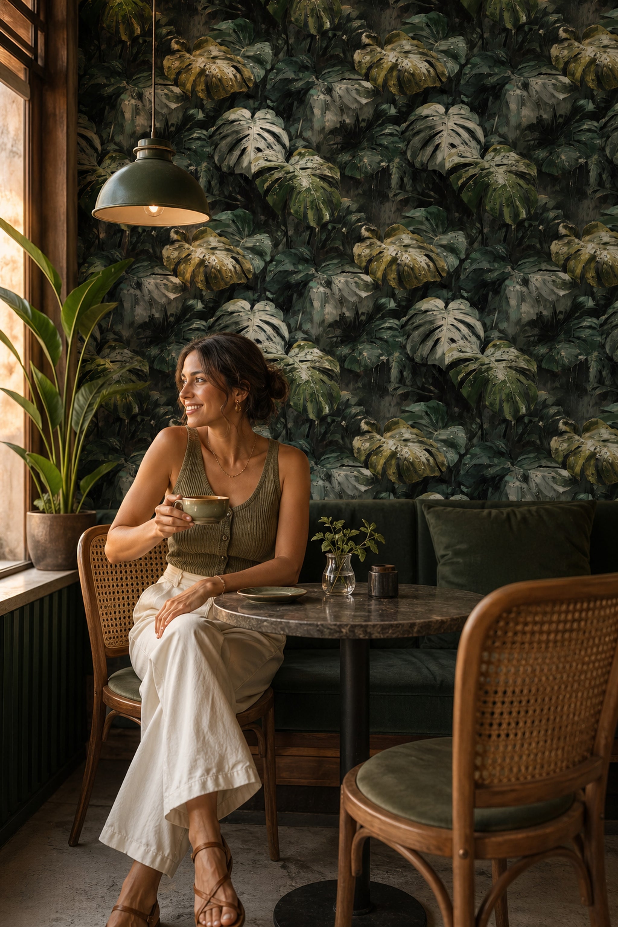 Tropikal Monstera Yapraklı Duvar Kağıdı Koyu Yeşil Salon
