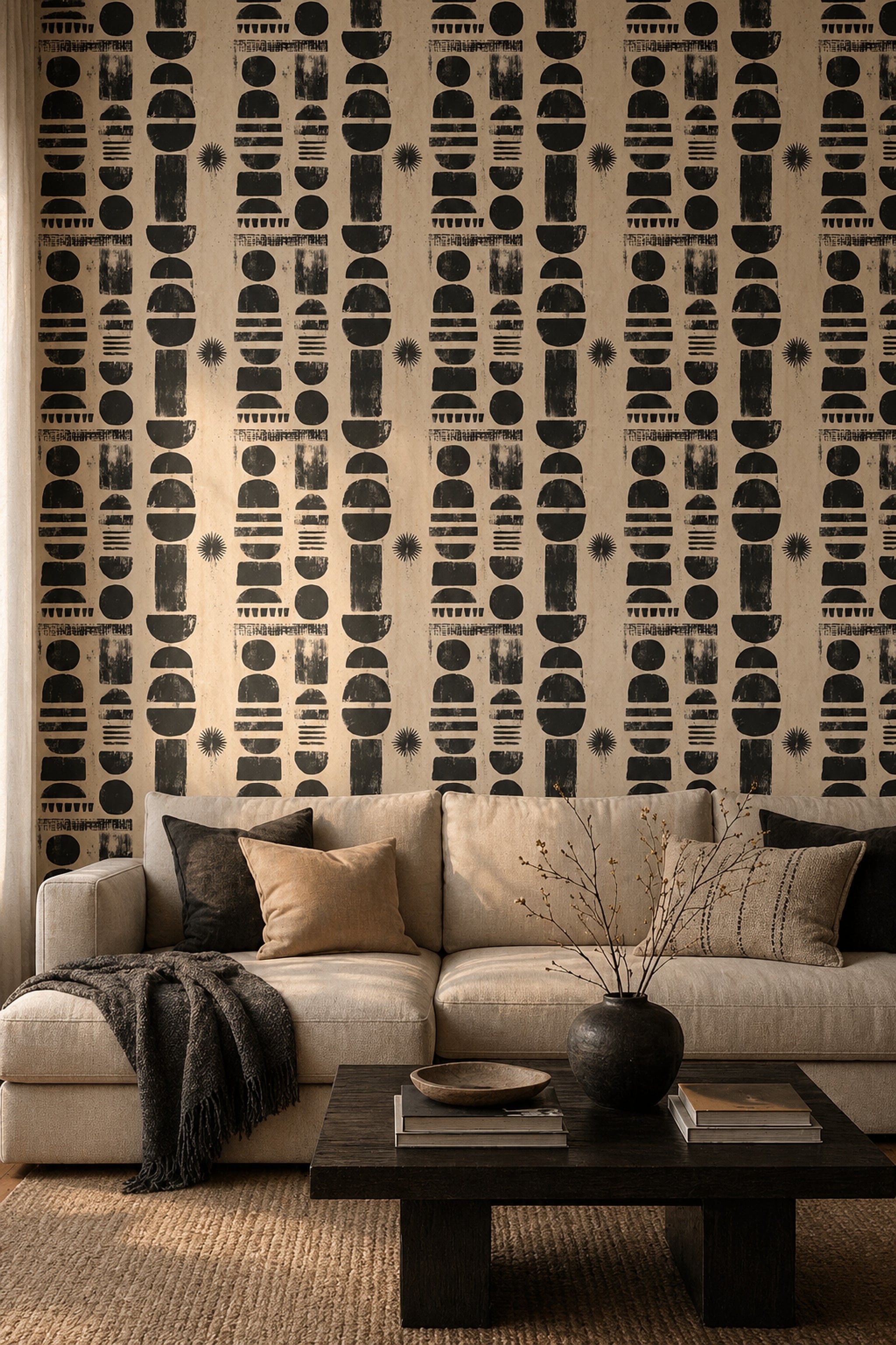 Geometrik Şekilli Duvar Kağıdı Siyah Bej Modern Salon