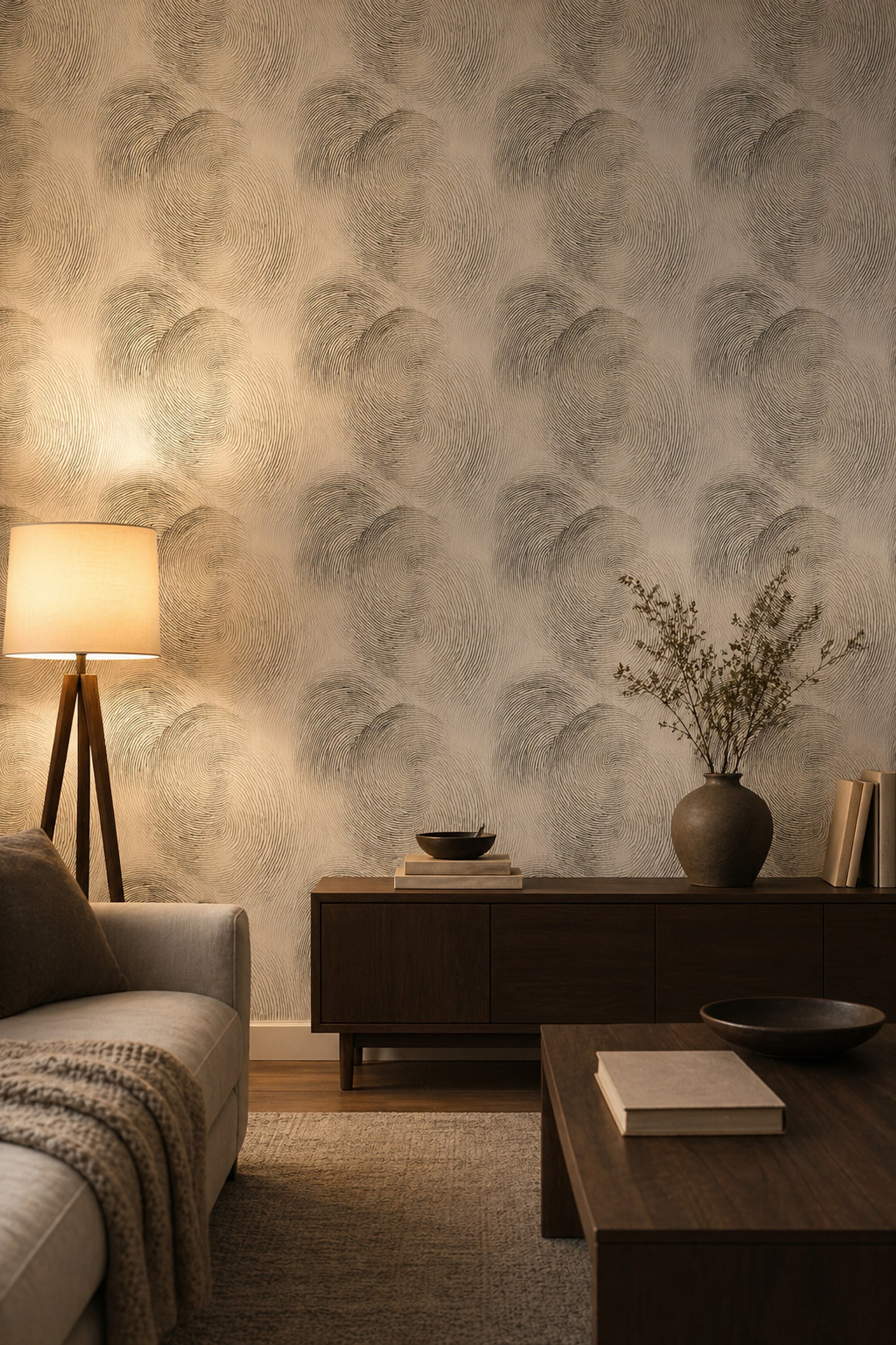 Parmak İzi Desenli Duvar Kağıdı Bej Gri Modern Salon