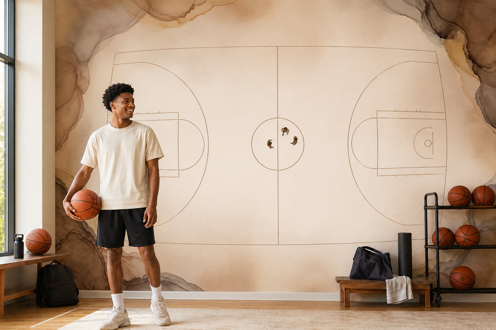 Basketbol Sahası Çizimli Poster Duvar Kağıdı Bej Spor Teması