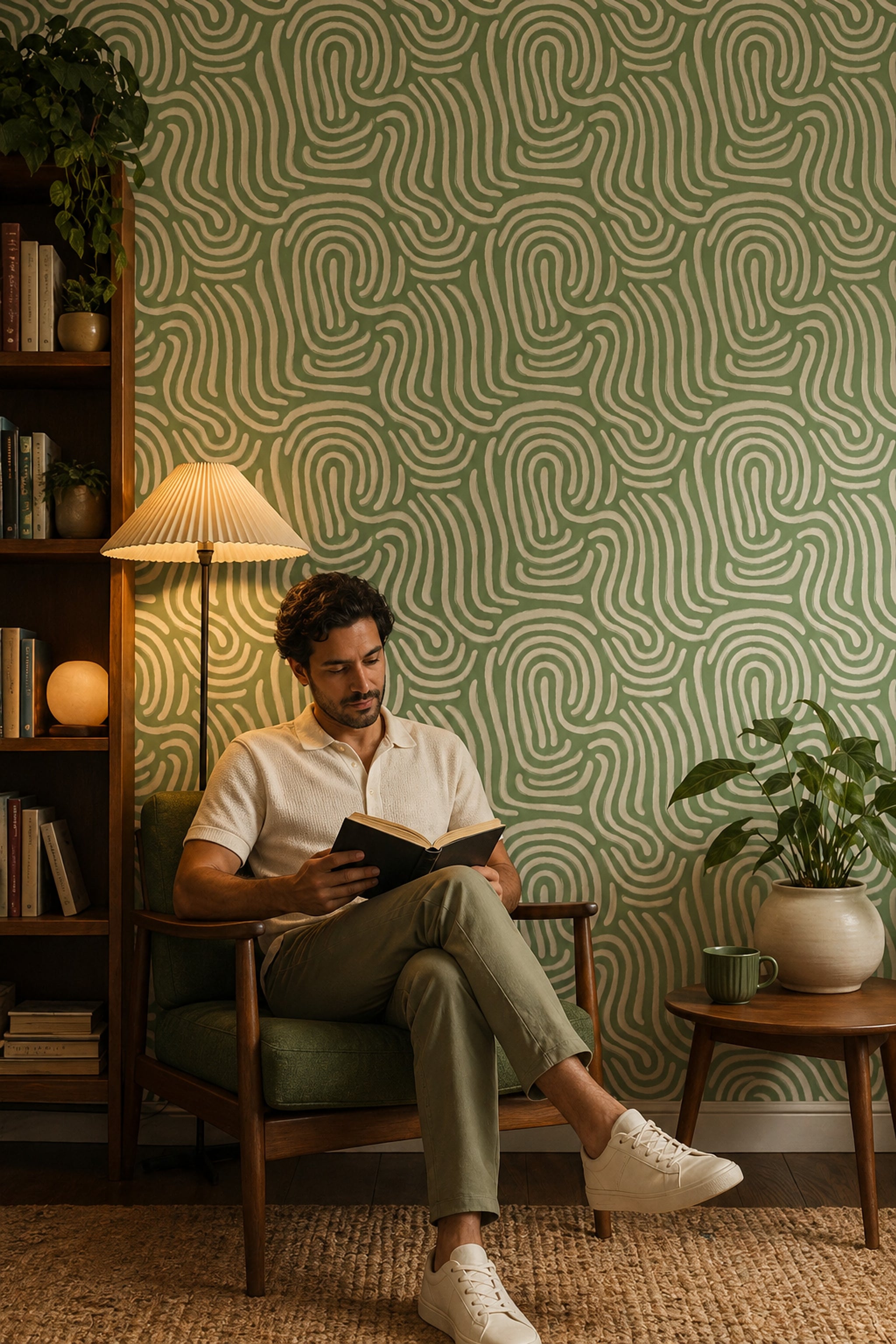 Yeşil Soyut Çizgili Duvar Kağıdı Modern Salon Deseni