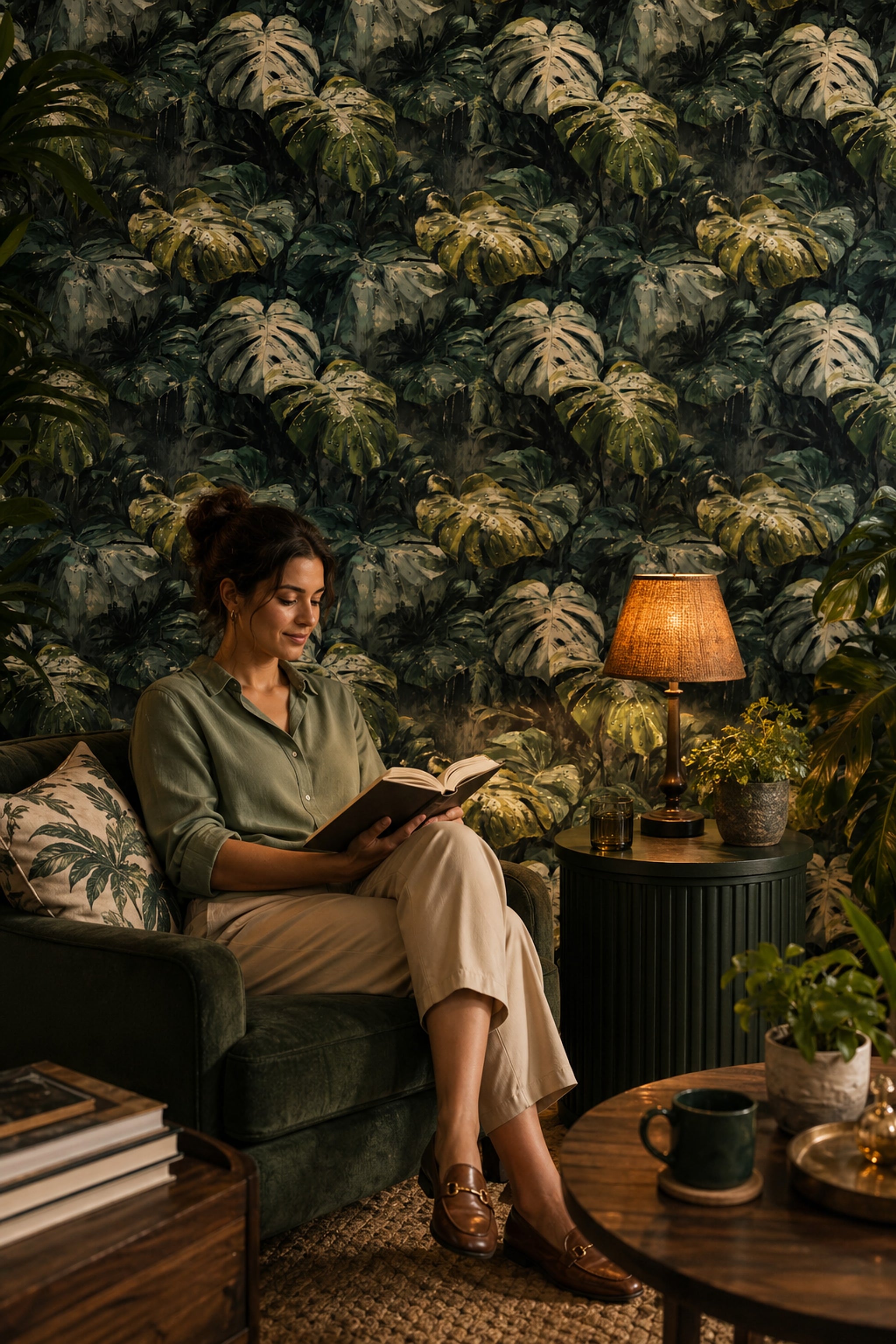 Tropikal Monstera Yapraklı Duvar Kağıdı Koyu Yeşil Salon