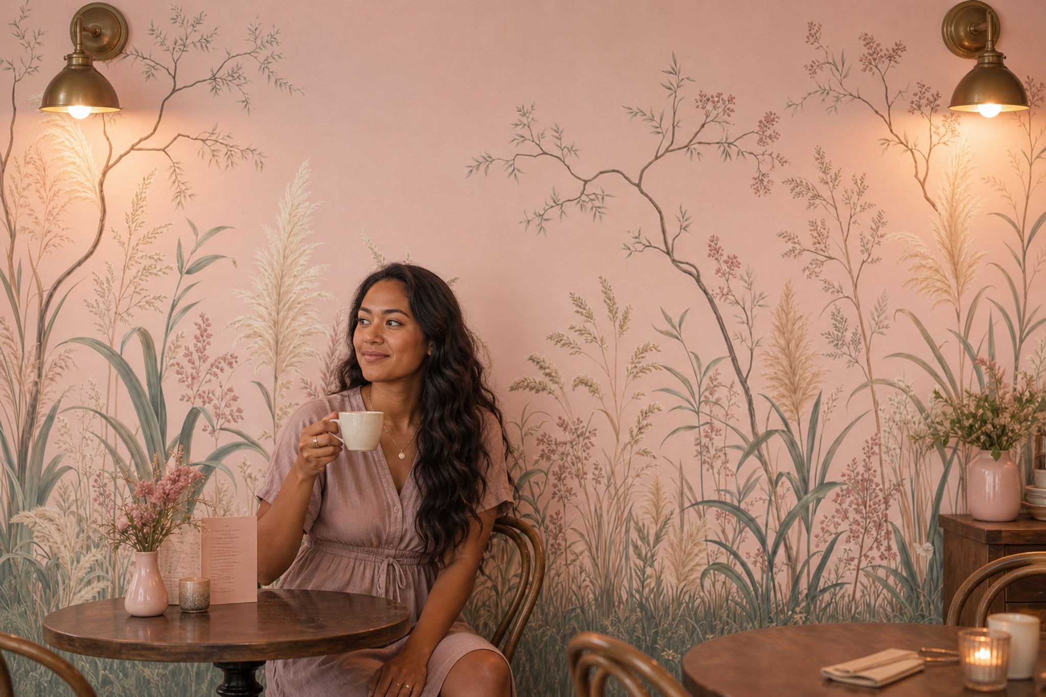 Pastel Çayır Bitkileri Poster Duvar Kağıdı Pudra Pembe Yatak Odası