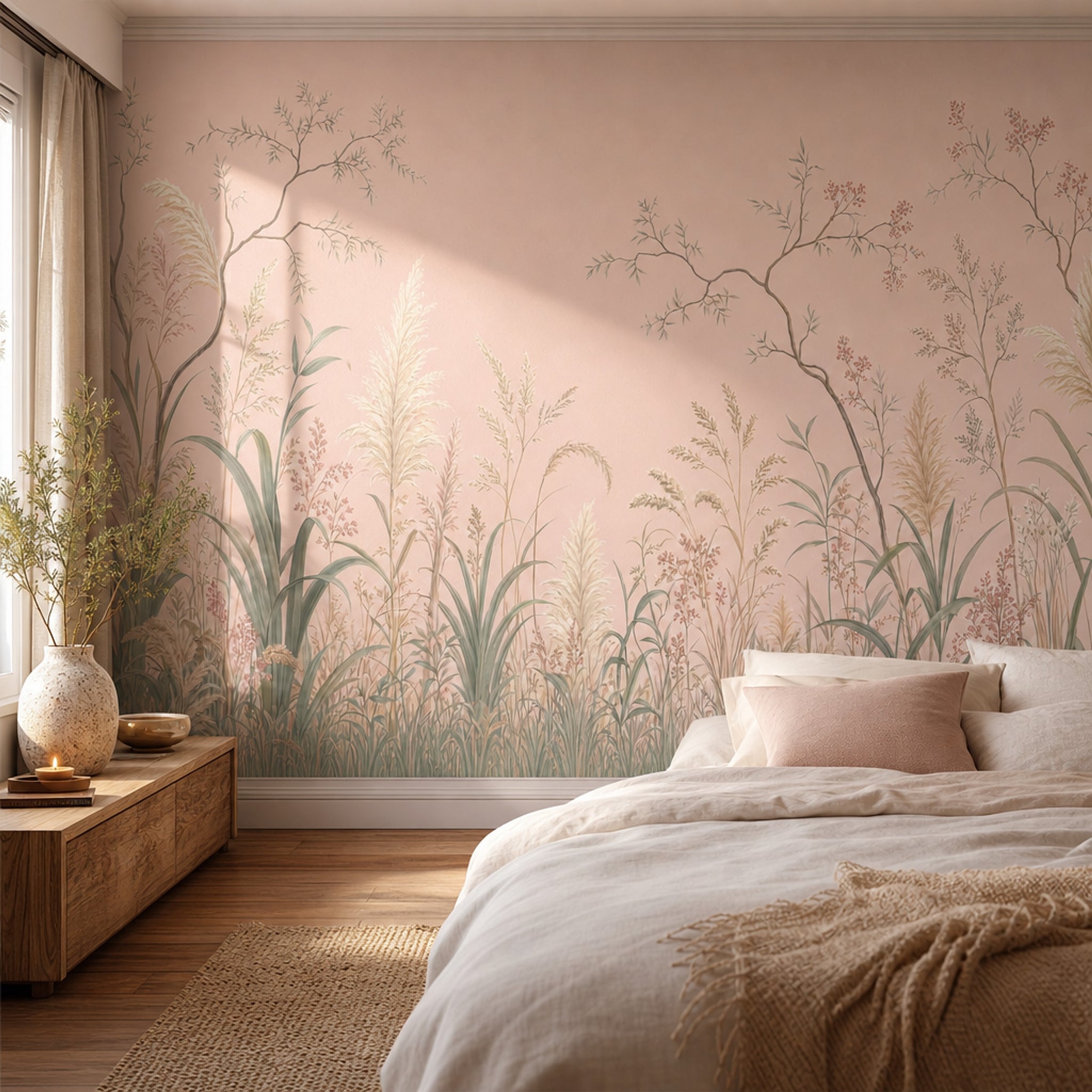 Pastel Çayır Bitkileri Poster Duvar Kağıdı Pudra Pembe Yatak Odası